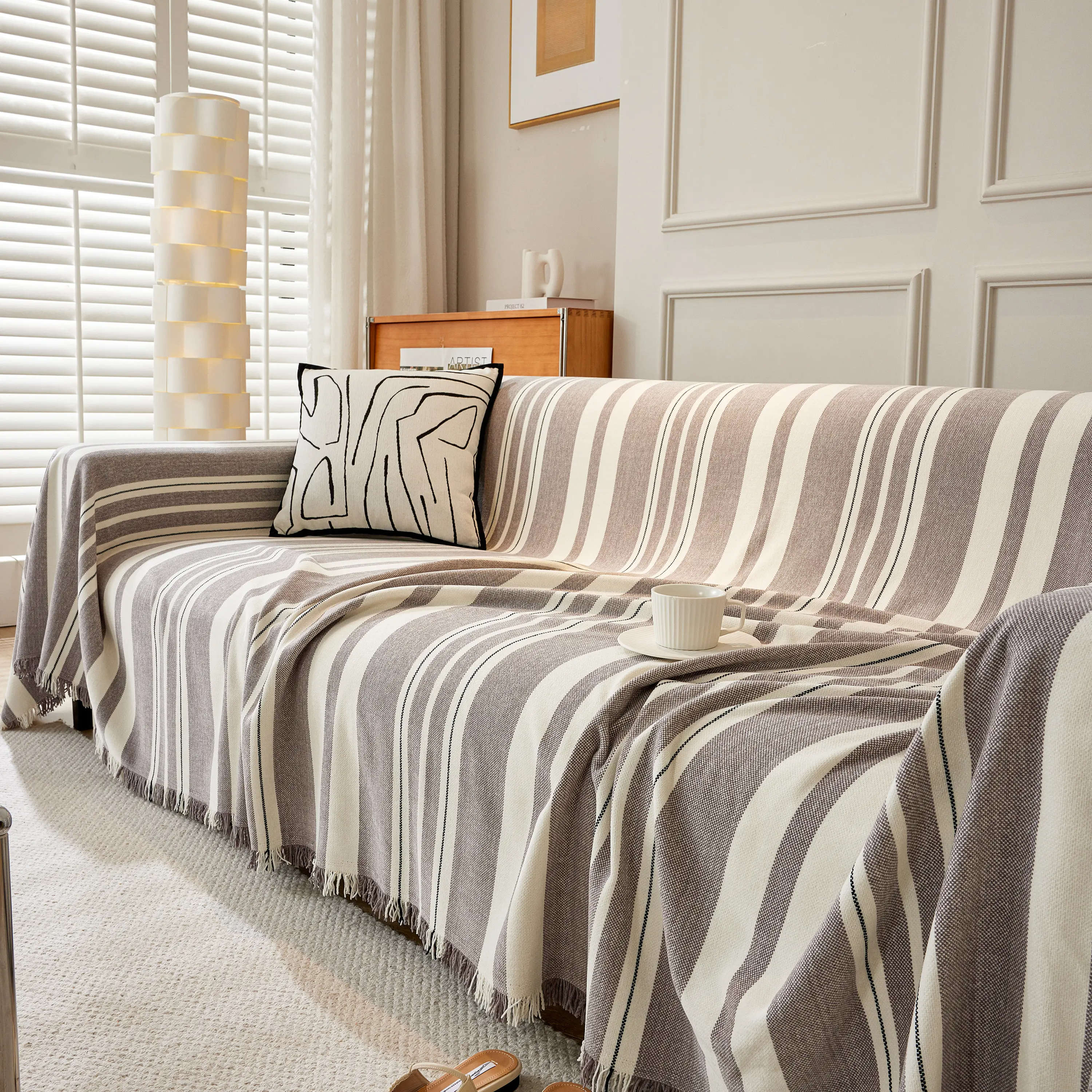 Striped Chenille Sofa Slipcover Throw, Soft Thick Washable Couch Cover Blanket - Image 121