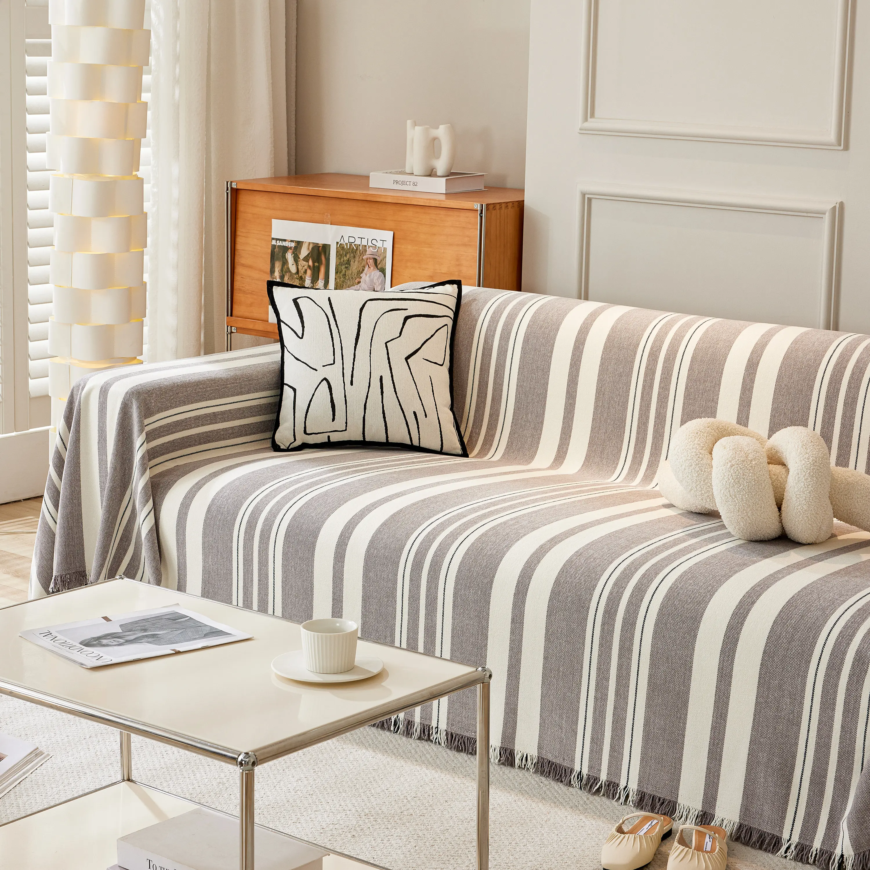 Striped Chenille Sofa Slipcover Throw, Soft Thick Washable Couch Cover Blanket - Image 122