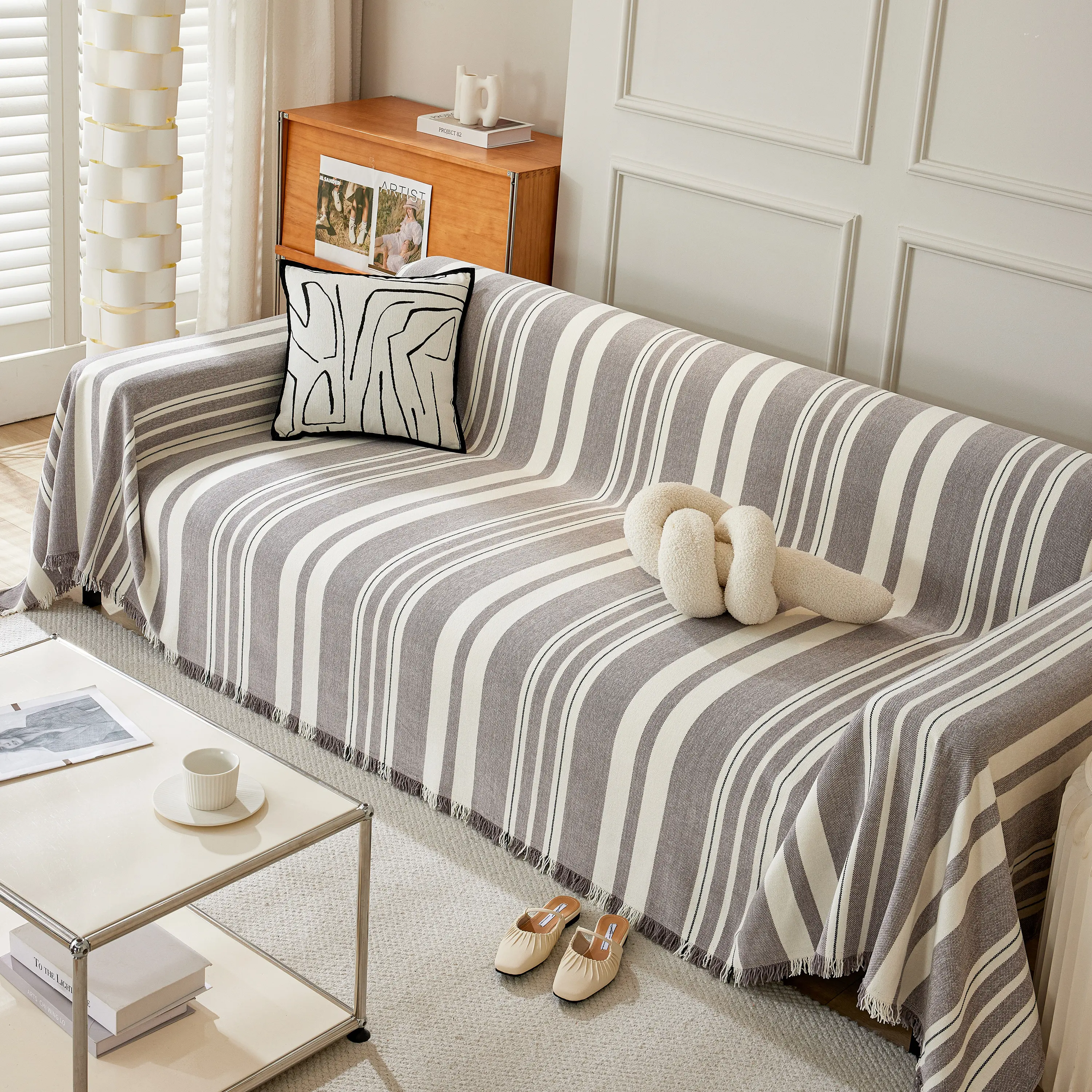 Striped Chenille Sofa Slipcover Throw, Soft Thick Washable Couch Cover Blanket - Image 123