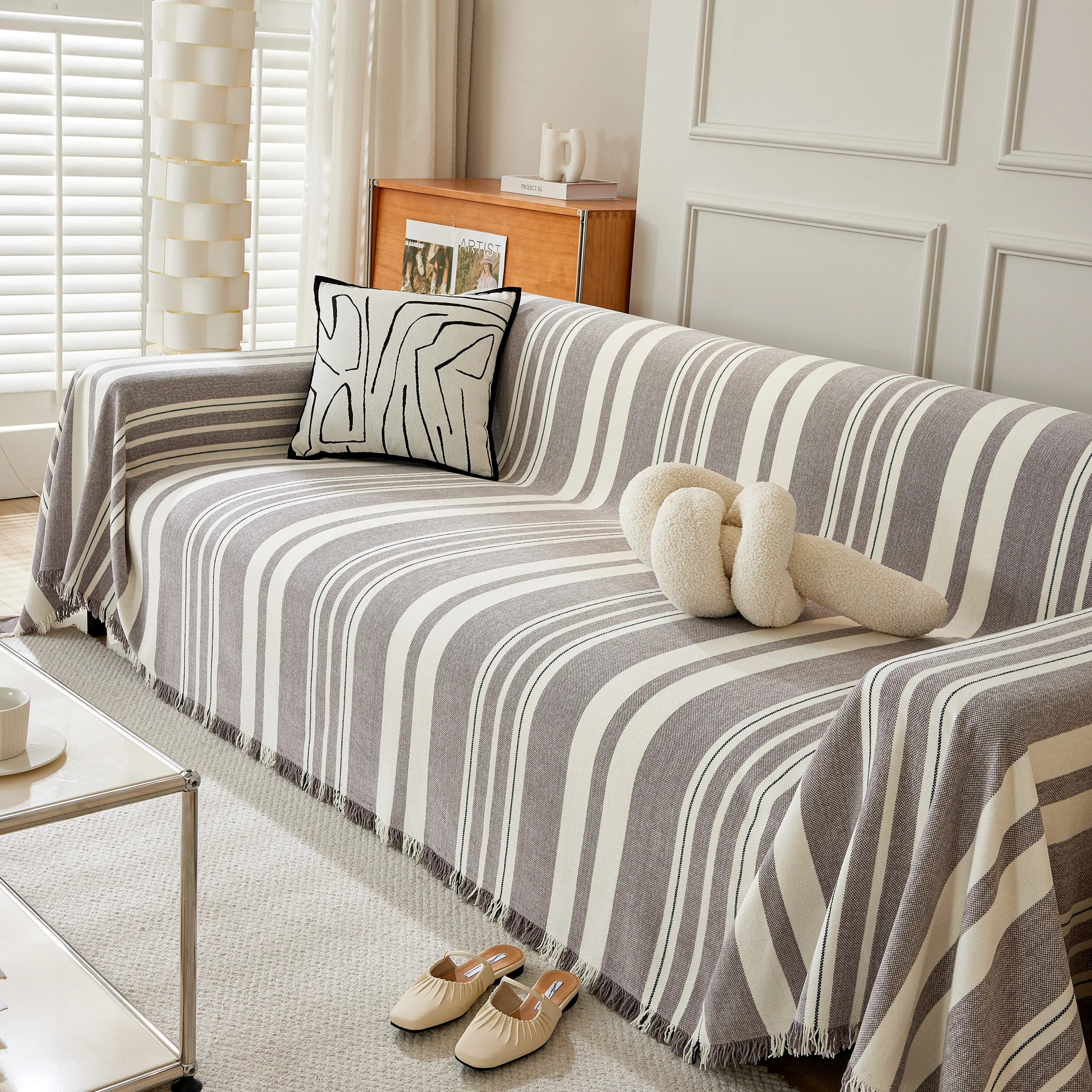 Striped Chenille Sofa Slipcover Throw, Soft Thick Washable Couch Cover Blanket - Image 124