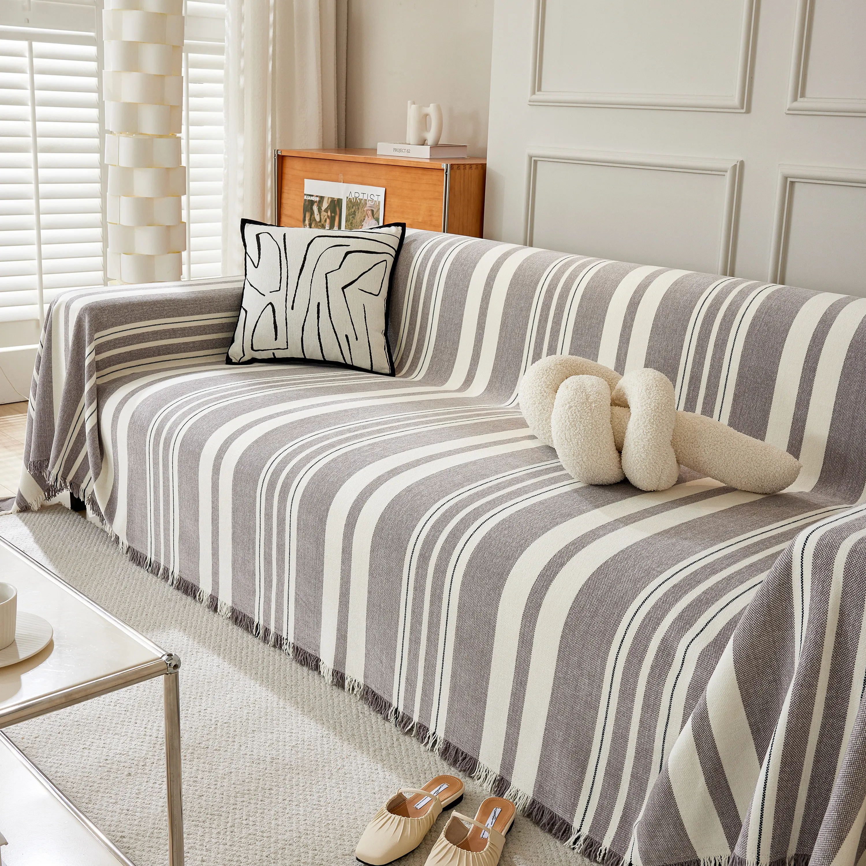 Striped Chenille Sofa Slipcover Throw, Soft Thick Washable Couch Cover Blanket - Image 125