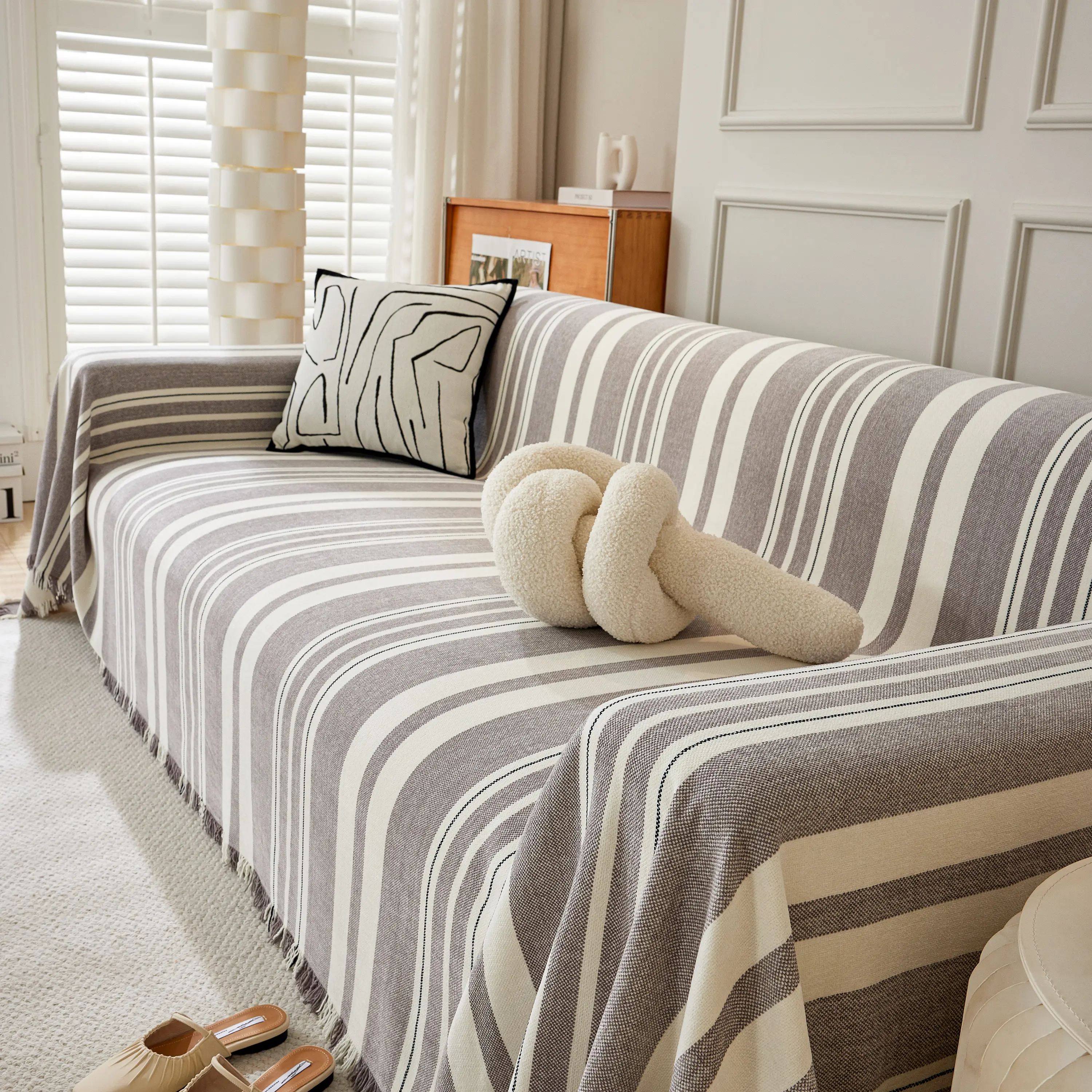 Striped Chenille Sofa Slipcover Throw, Soft Thick Washable Couch Cover Blanket - Image 126