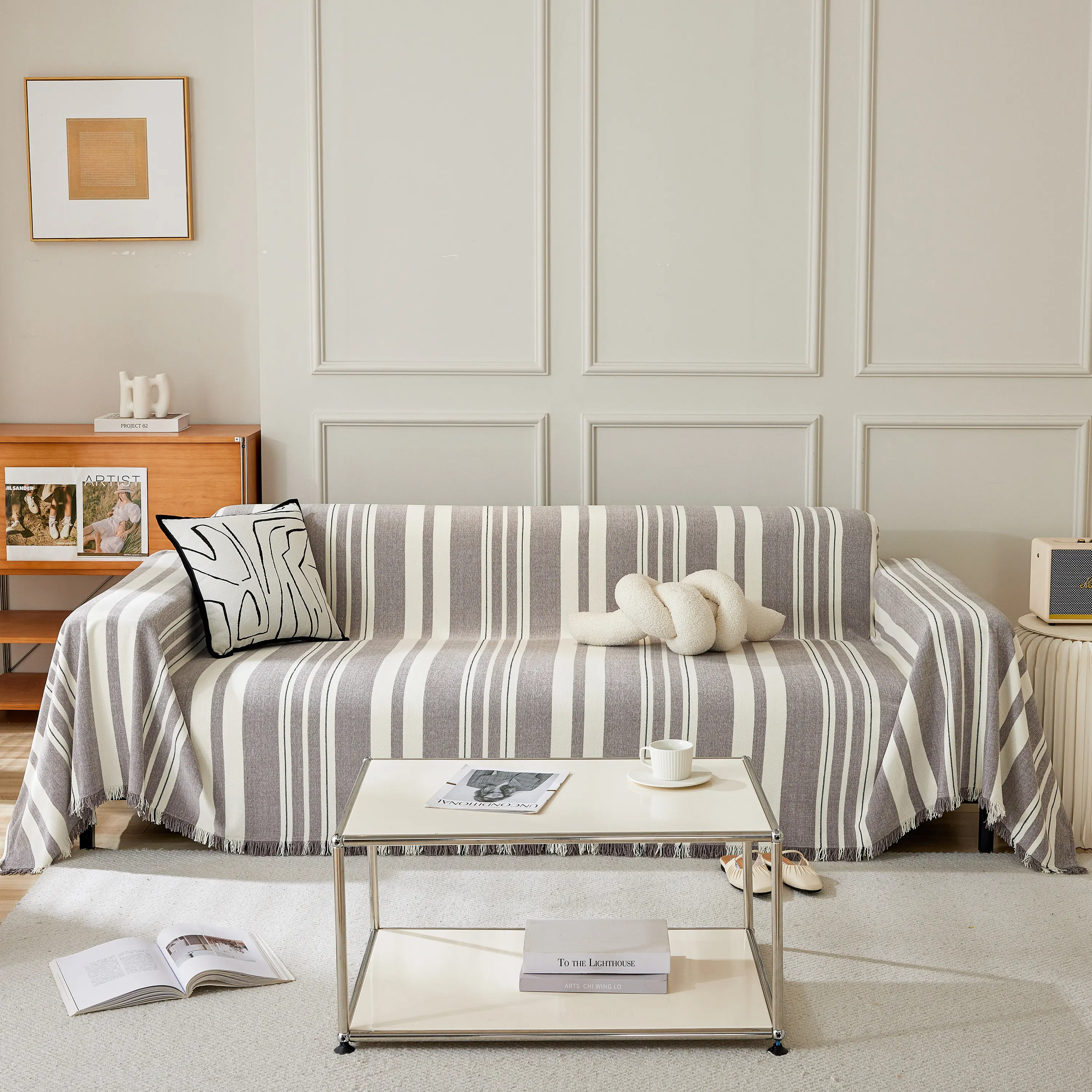 Striped Chenille Sofa Slipcover Throw, Soft Thick Washable Couch Cover Blanket - Image 129