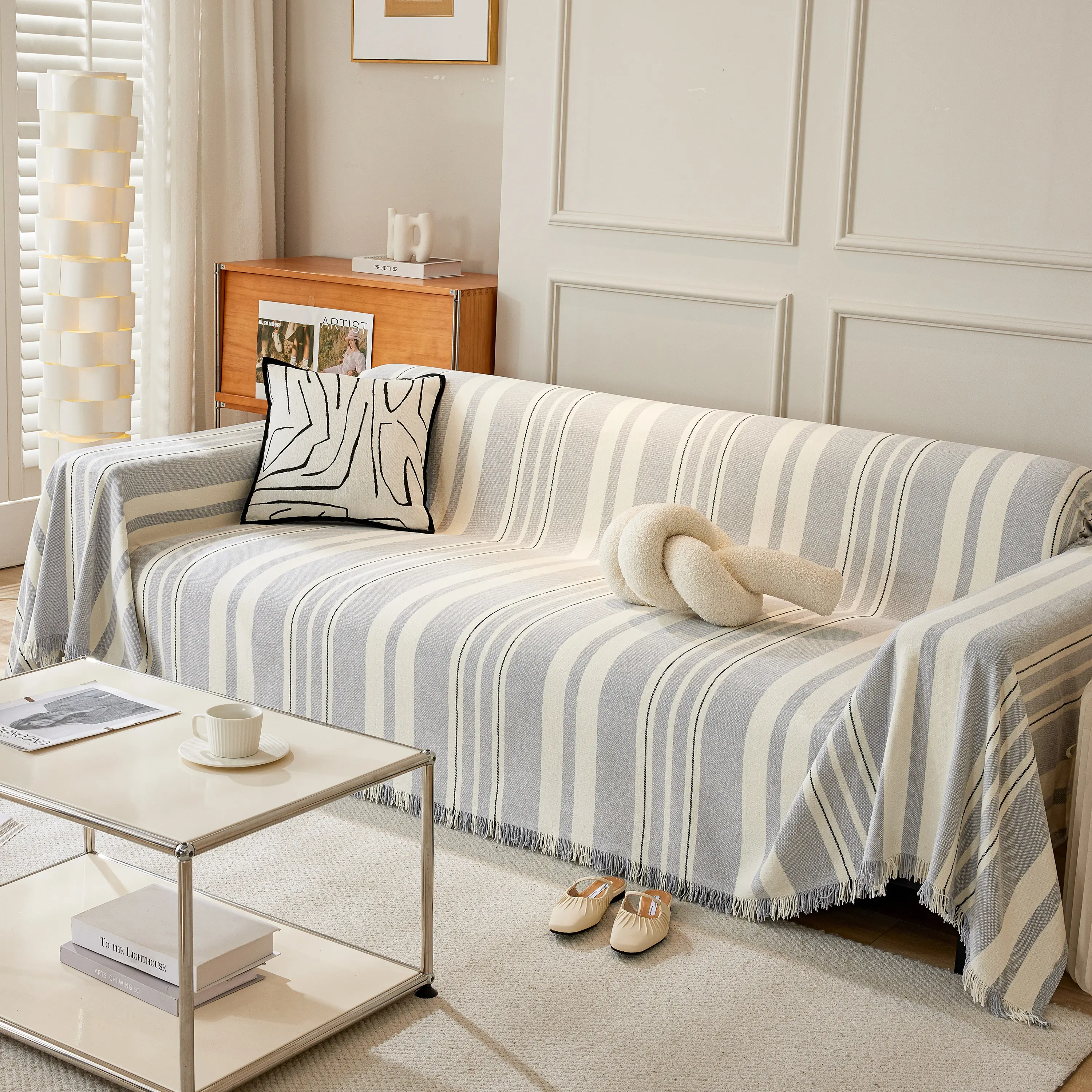 Striped Chenille Sofa Slipcover Throw, Soft Thick Washable Couch Cover Blanket - Image 132
