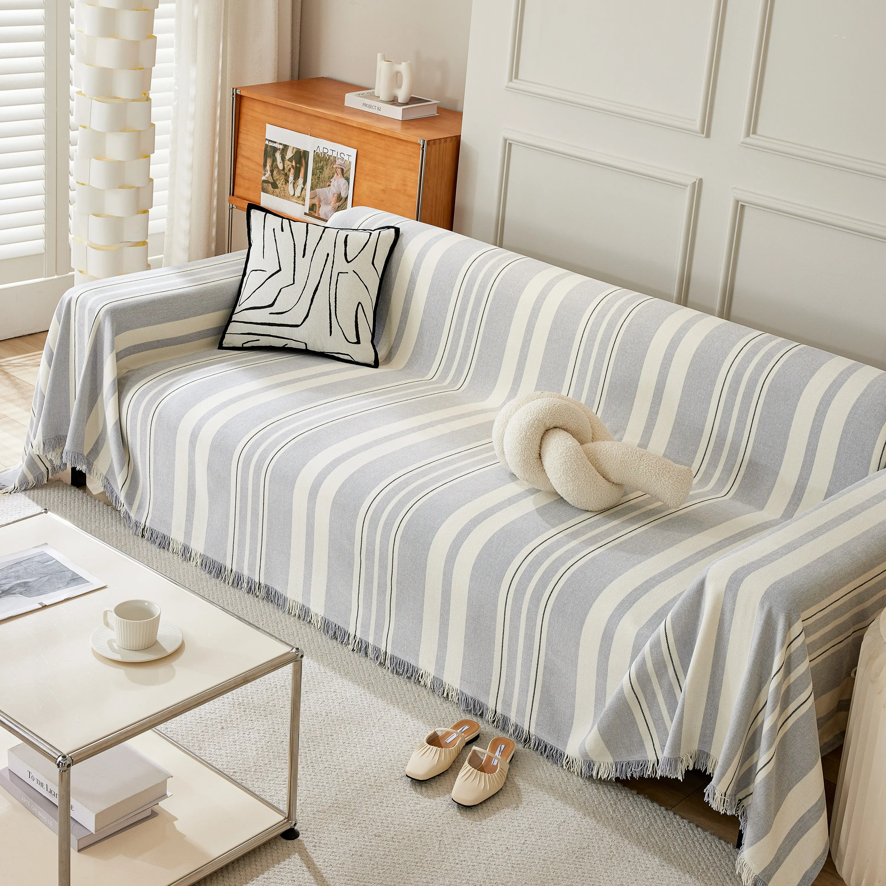 Striped Chenille Sofa Slipcover Throw, Soft Thick Washable Couch Cover Blanket - Image 133
