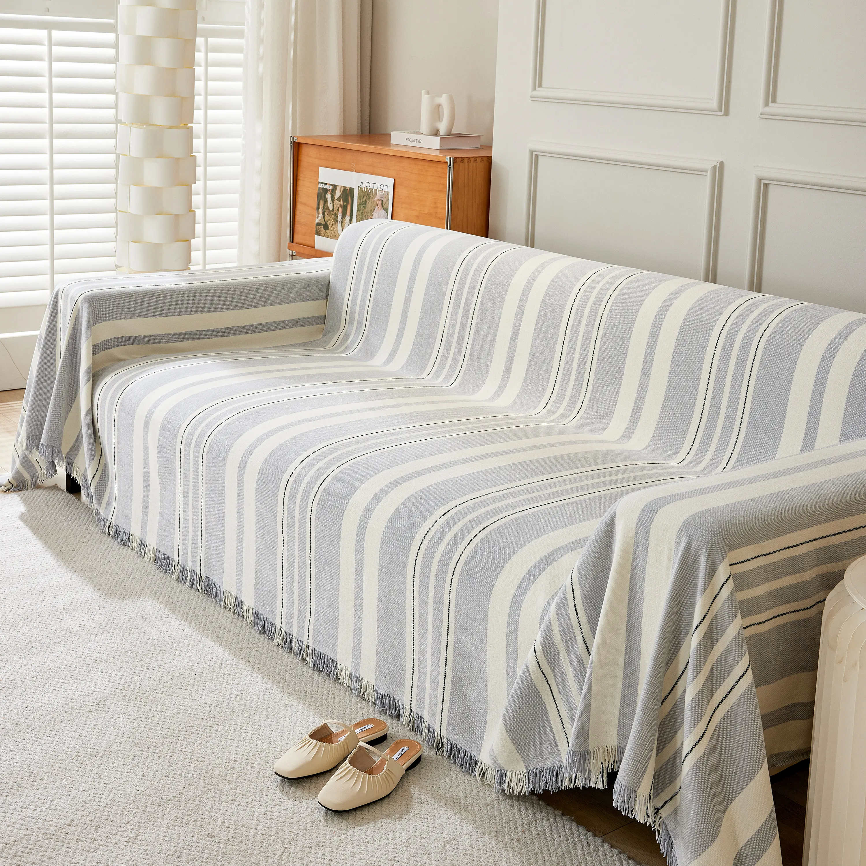 Striped Chenille Sofa Slipcover Throw, Soft Thick Washable Couch Cover Blanket - Image 134