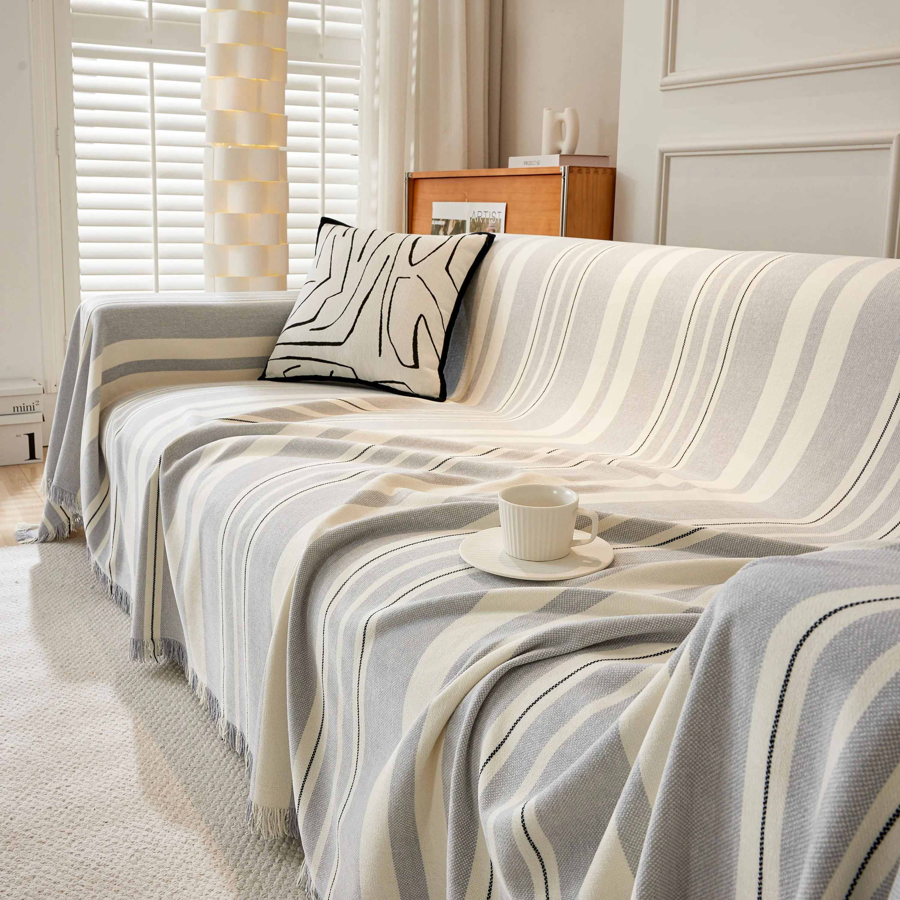 Striped Chenille Sofa Slipcover Throw, Soft Thick Washable Couch Cover Blanket - Image 139