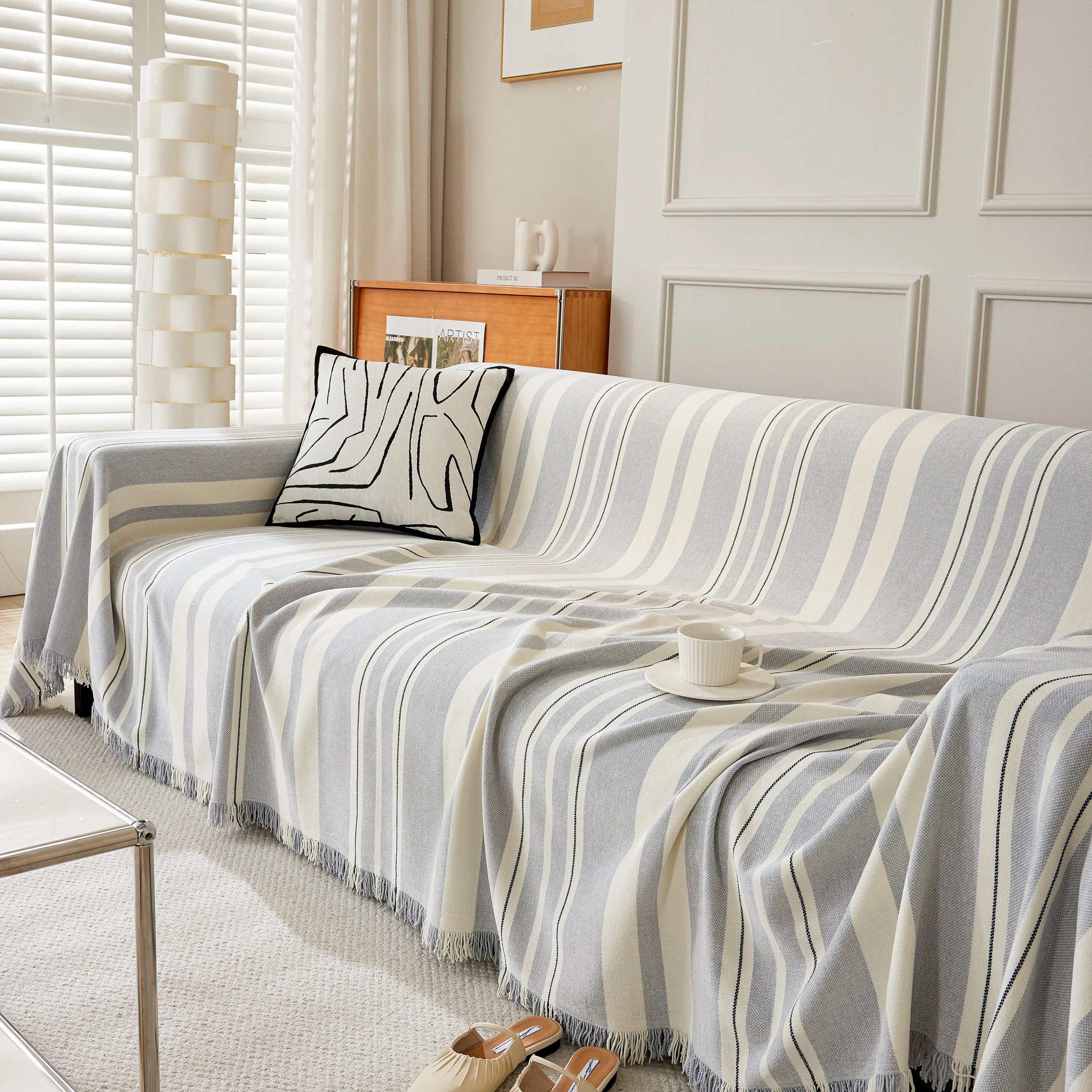 Striped Chenille Sofa Slipcover Throw, Soft Thick Washable Couch Cover Blanket - Image 140
