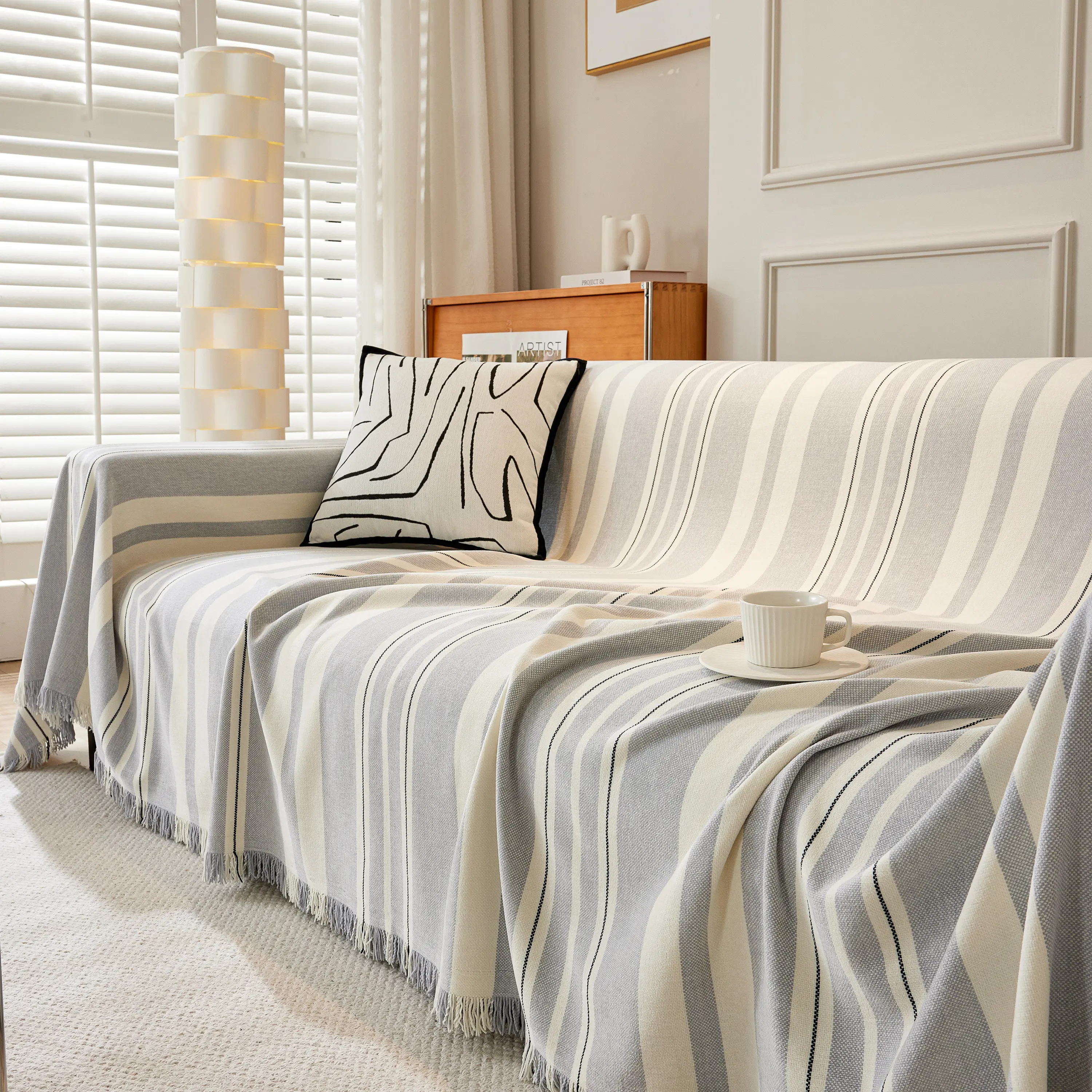 Striped Chenille Sofa Slipcover Throw, Soft Thick Washable Couch Cover Blanket - Image 141