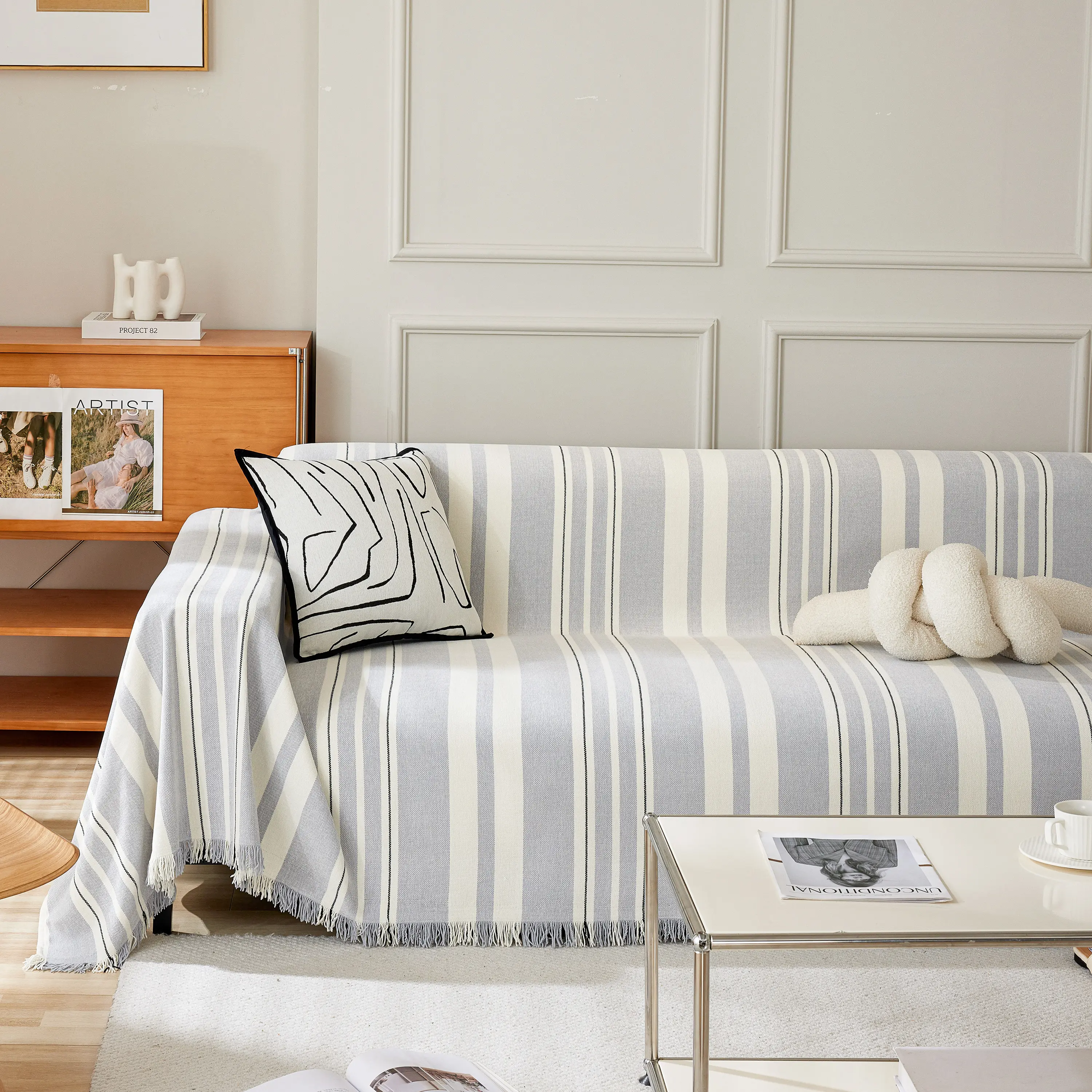 Striped Chenille Sofa Slipcover Throw, Soft Thick Washable Couch Cover Blanket - Image 143