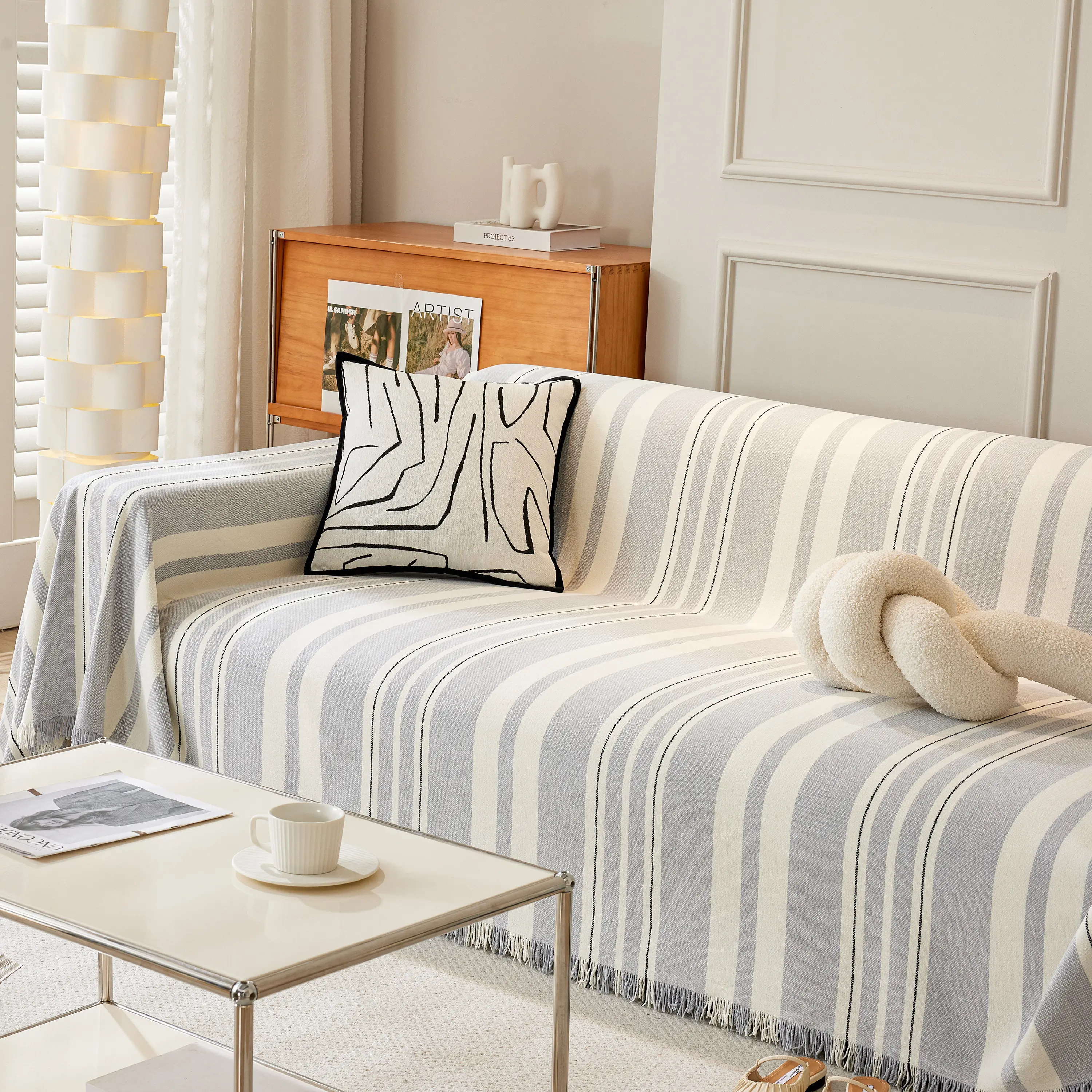 Striped Chenille Sofa Slipcover Throw, Soft Thick Washable Couch Cover Blanket - Image 144