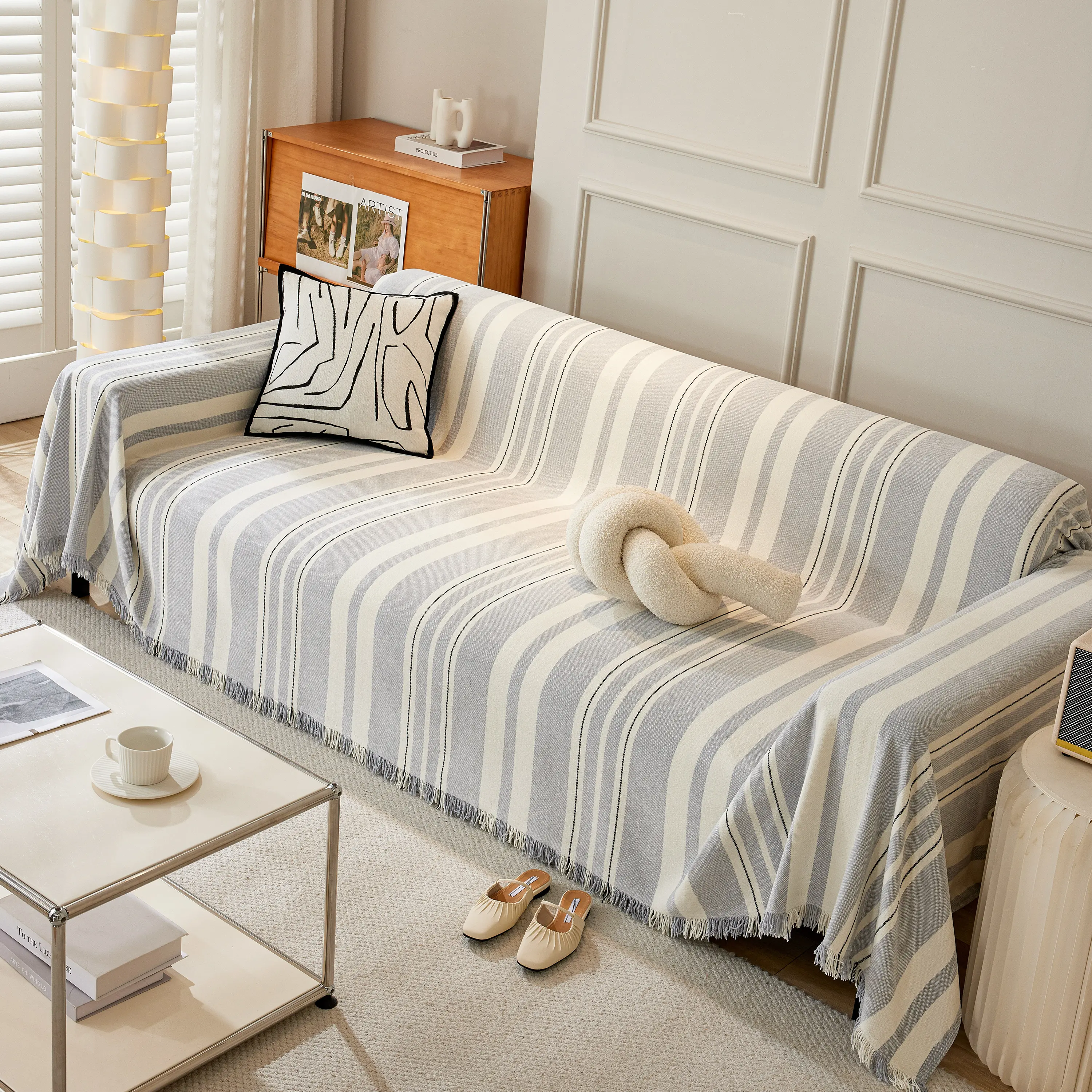 Striped Chenille Sofa Slipcover Throw, Soft Thick Washable Couch Cover Blanket - Image 145