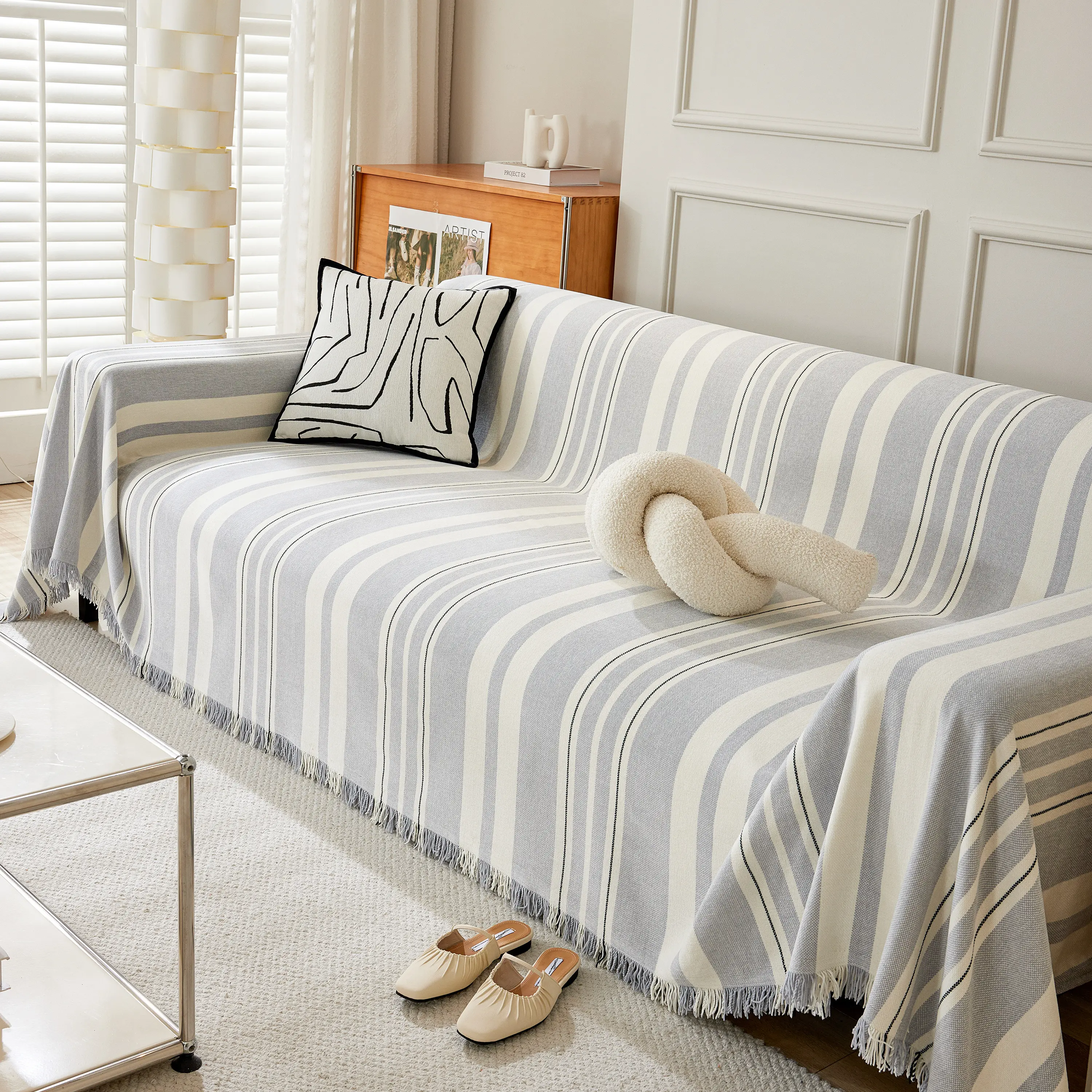 Striped Chenille Sofa Slipcover Throw, Soft Thick Washable Couch Cover Blanket - Image 146