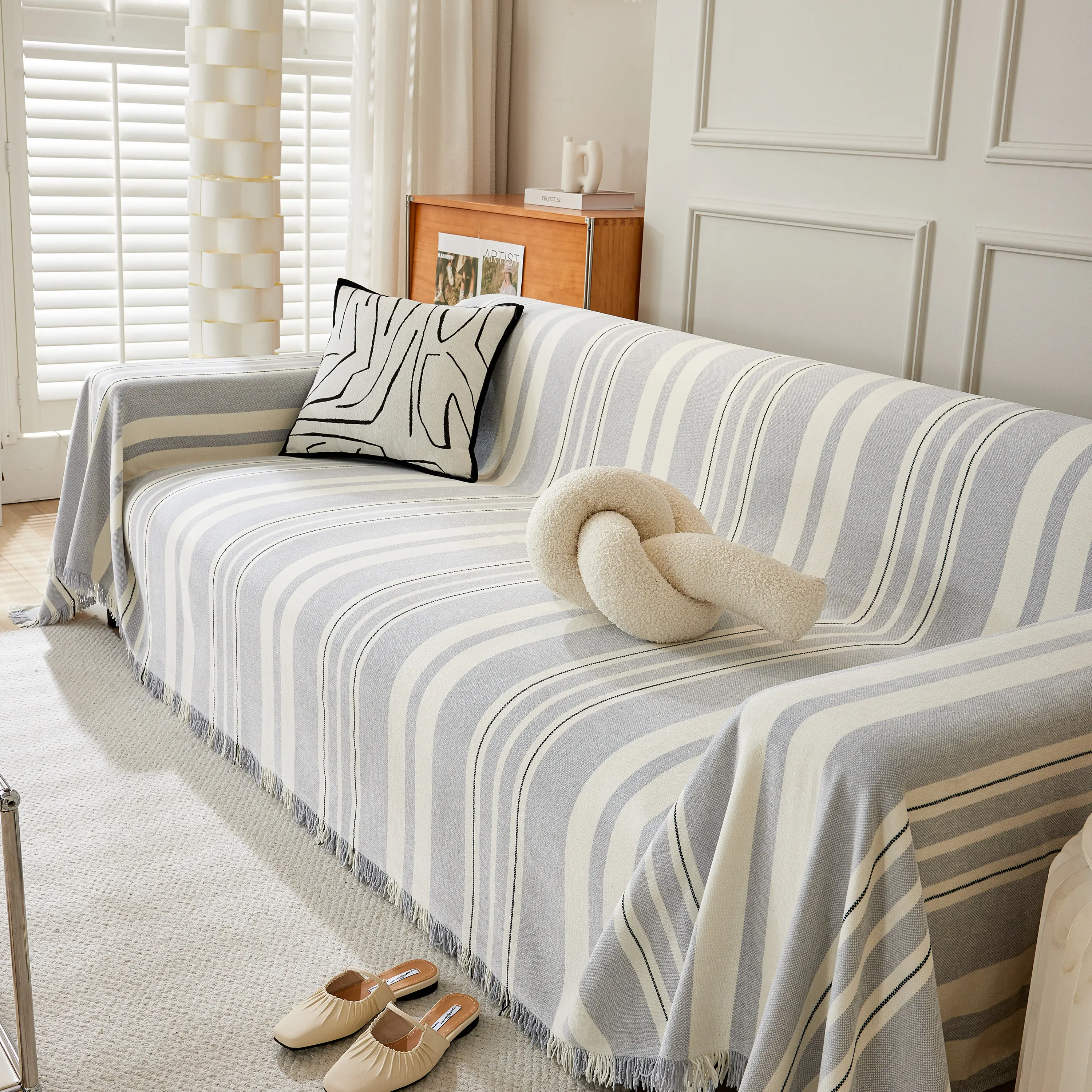 Striped Chenille Sofa Slipcover Throw, Soft Thick Washable Couch Cover Blanket - Image 147