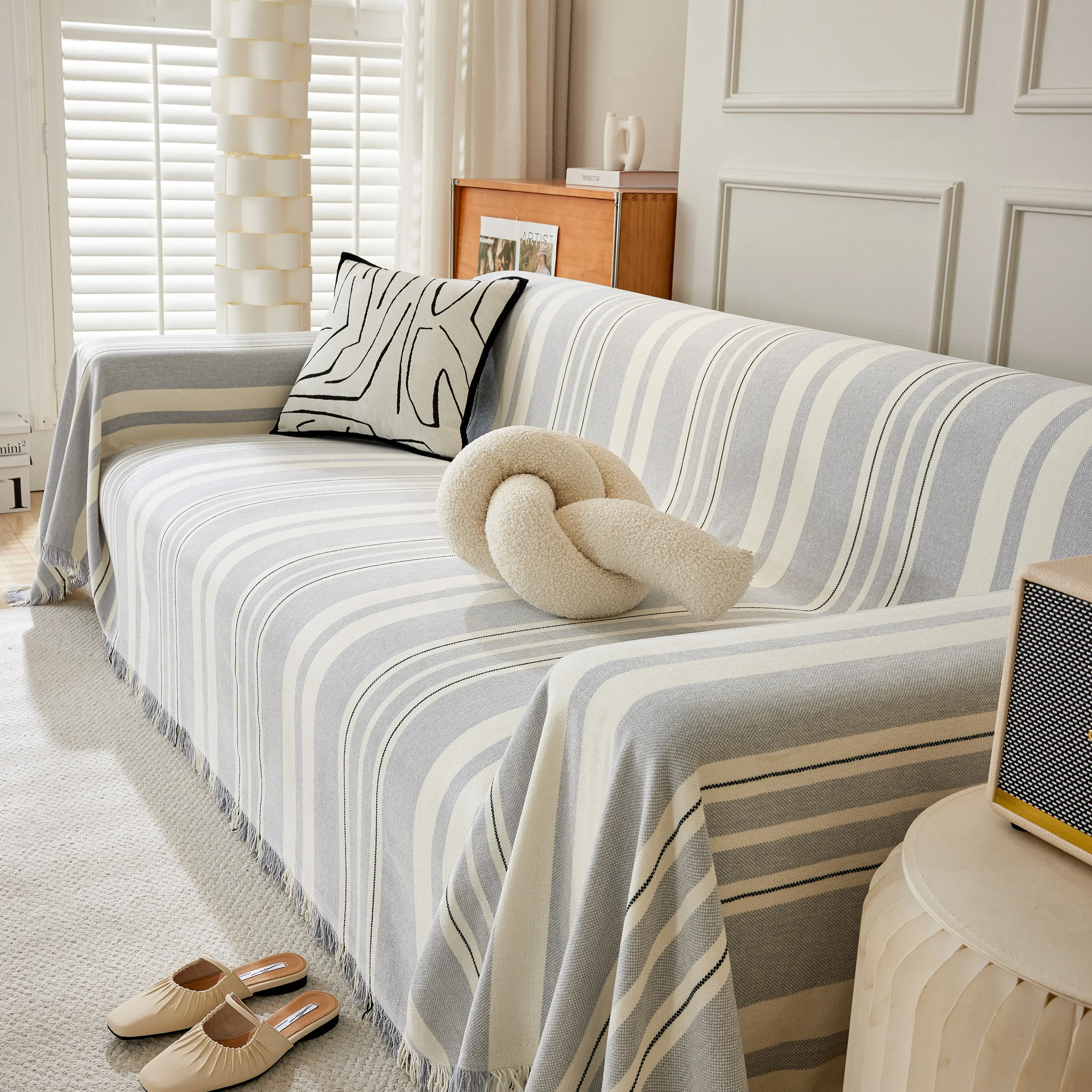 Striped Chenille Sofa Slipcover Throw, Soft Thick Washable Couch Cover Blanket - Image 148