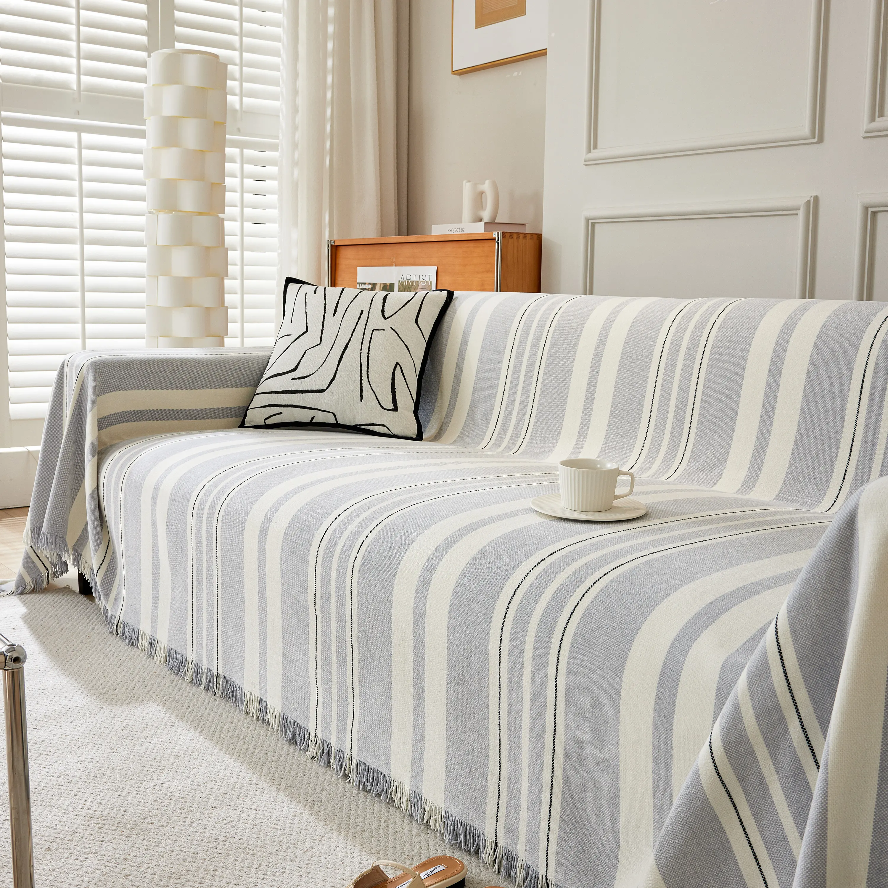 Striped Chenille Sofa Slipcover Throw, Soft Thick Washable Couch Cover Blanket - Image 149