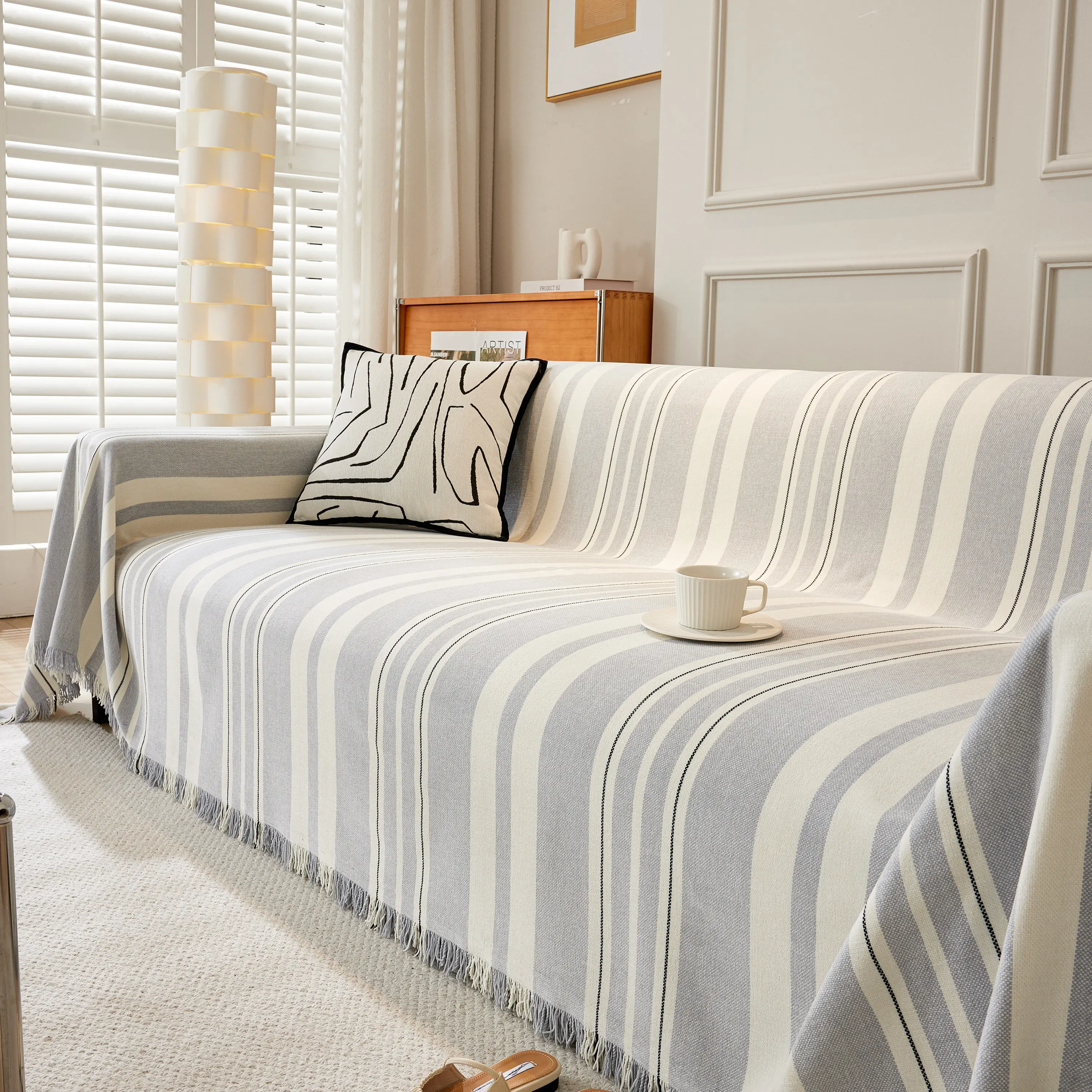 Striped Chenille Sofa Slipcover Throw, Soft Thick Washable Couch Cover Blanket - Image 150