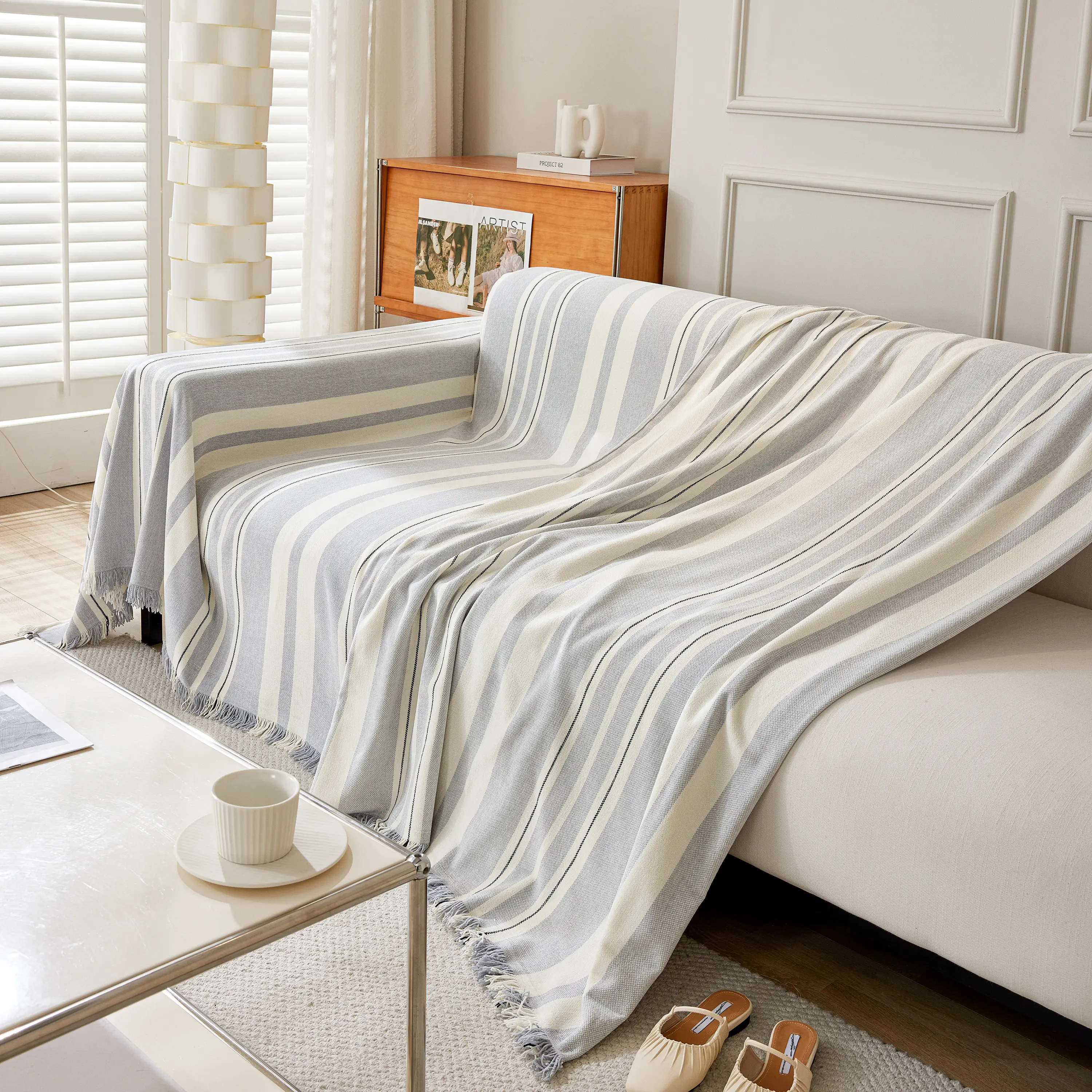 Striped Chenille Sofa Slipcover Throw, Soft Thick Washable Couch Cover Blanket - Image 152
