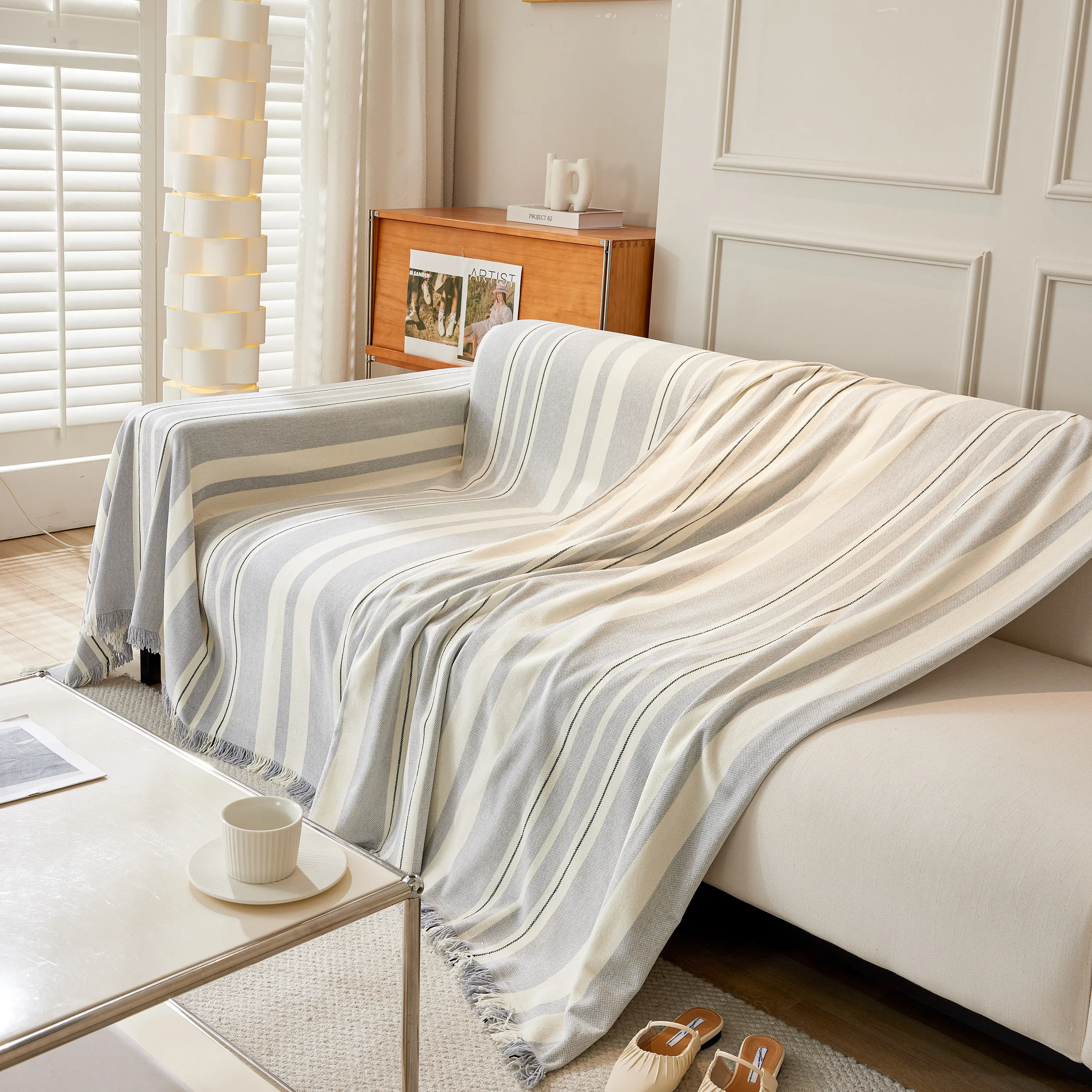 Striped Chenille Sofa Slipcover Throw, Soft Thick Washable Couch Cover Blanket - Image 153