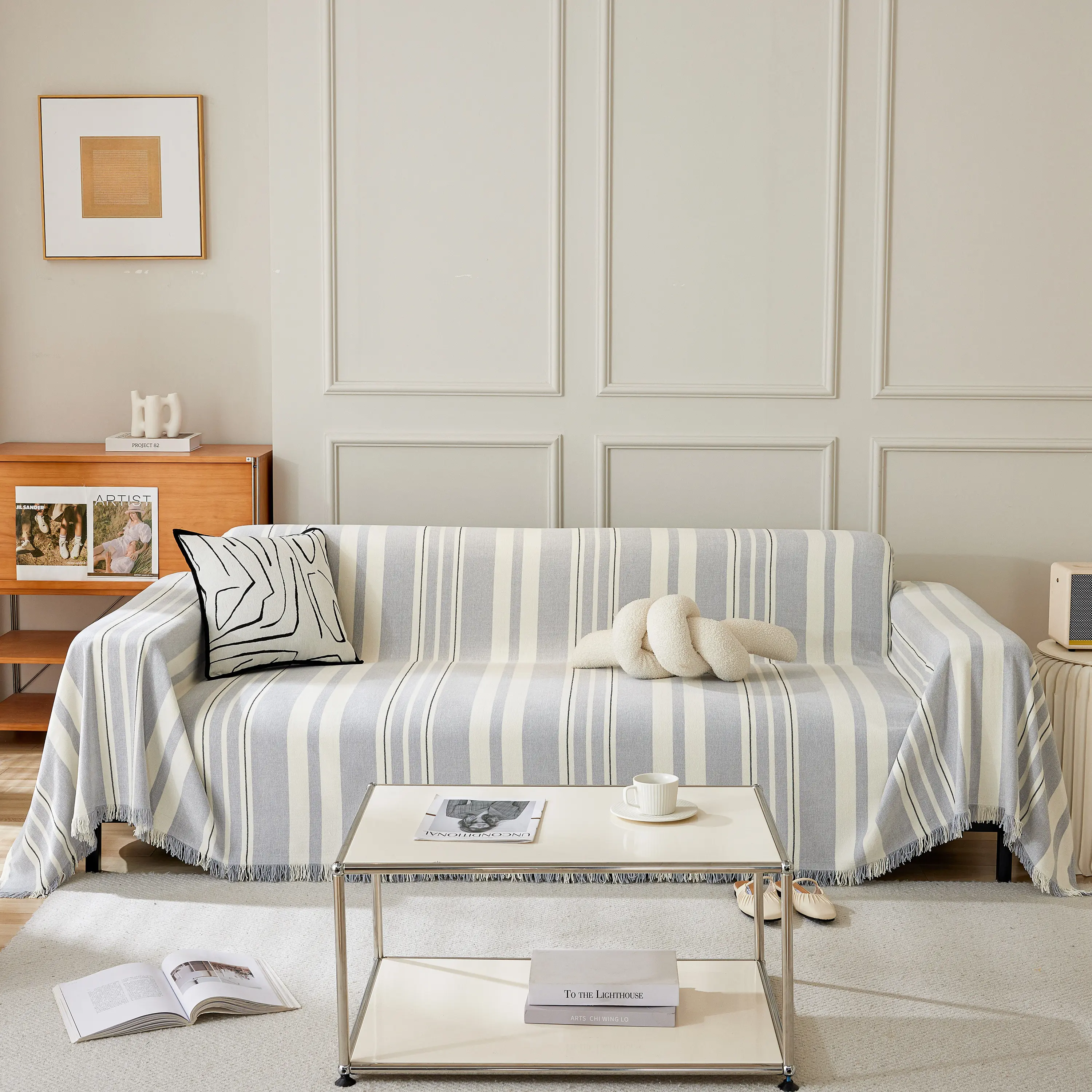 Striped Chenille Sofa Slipcover Throw, Soft Thick Washable Couch Cover Blanket - Image 155