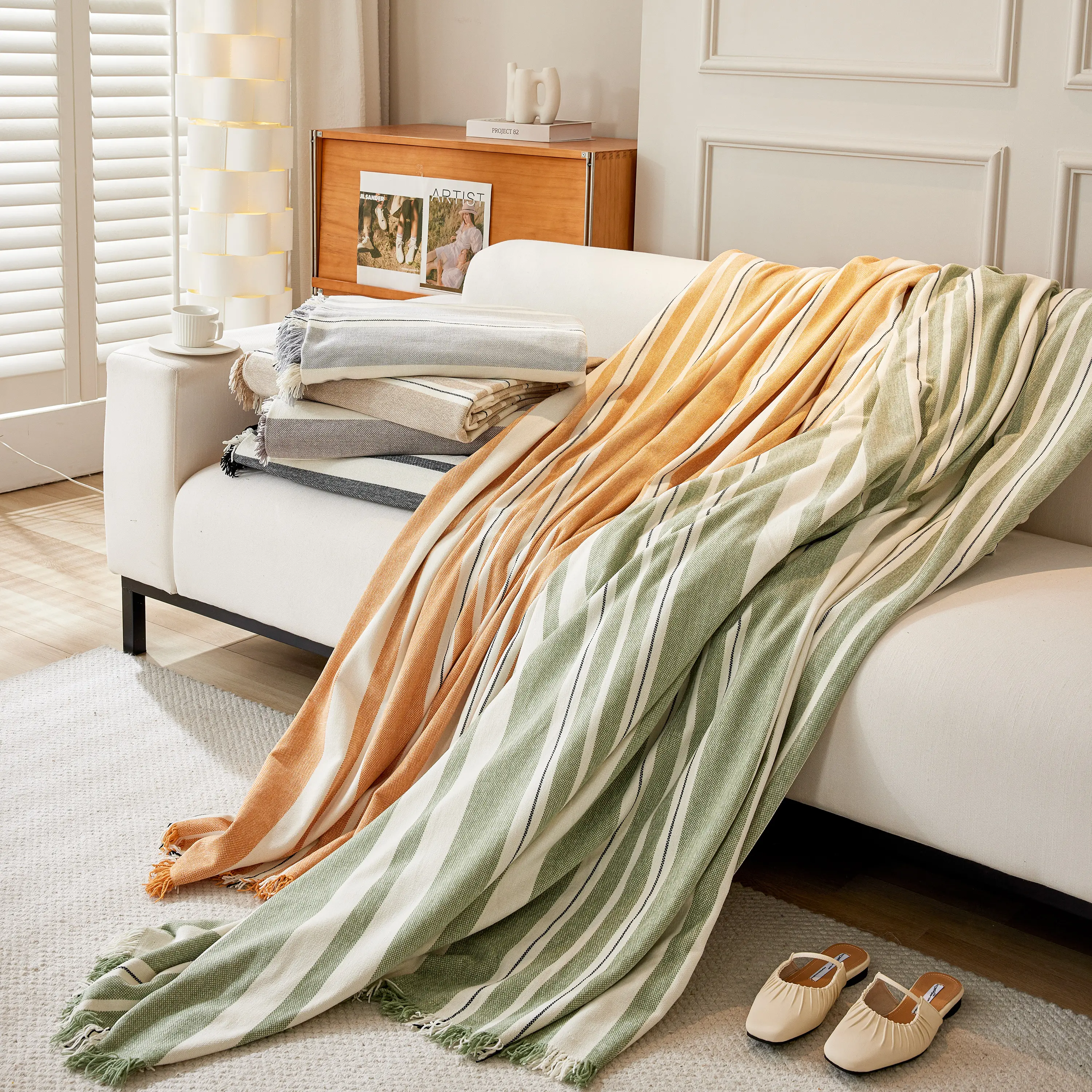 Striped Chenille Sofa Slipcover Throw, Soft Thick Washable Couch Cover Blanket - Image 161