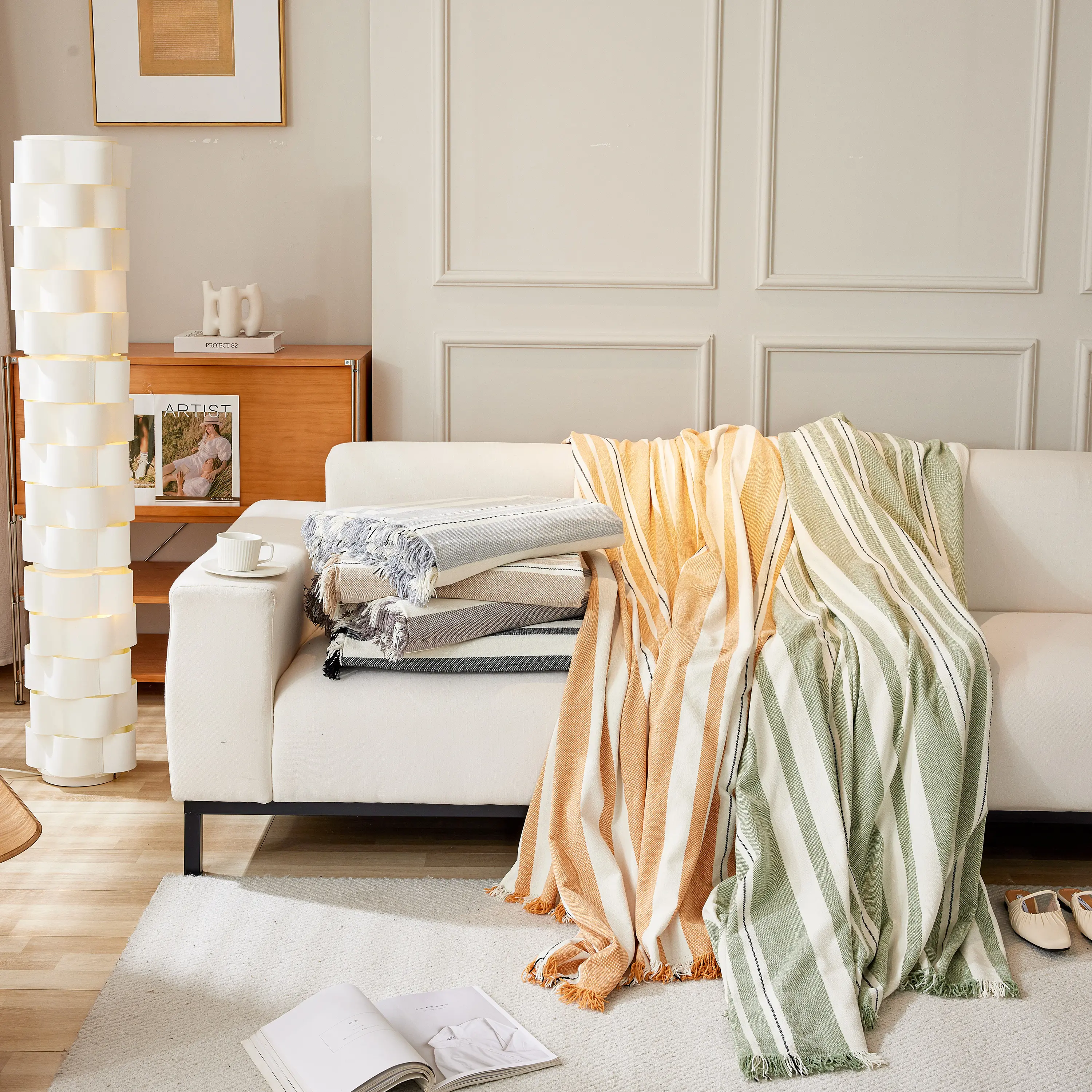 Striped Chenille Sofa Slipcover Throw, Soft Thick Washable Couch Cover Blanket - Image 162