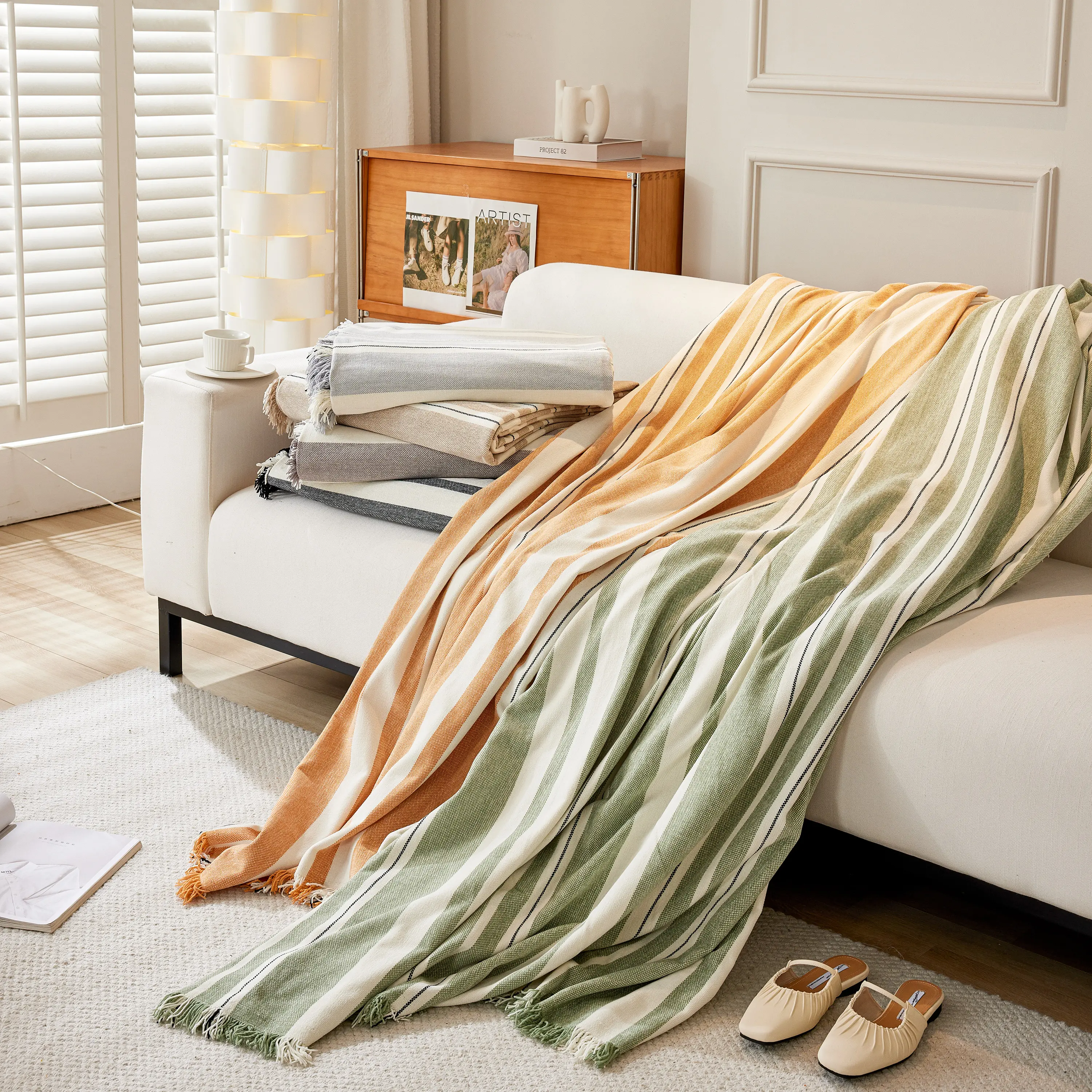 Striped Chenille Sofa Slipcover Throw, Soft Thick Washable Couch Cover Blanket - Image 163