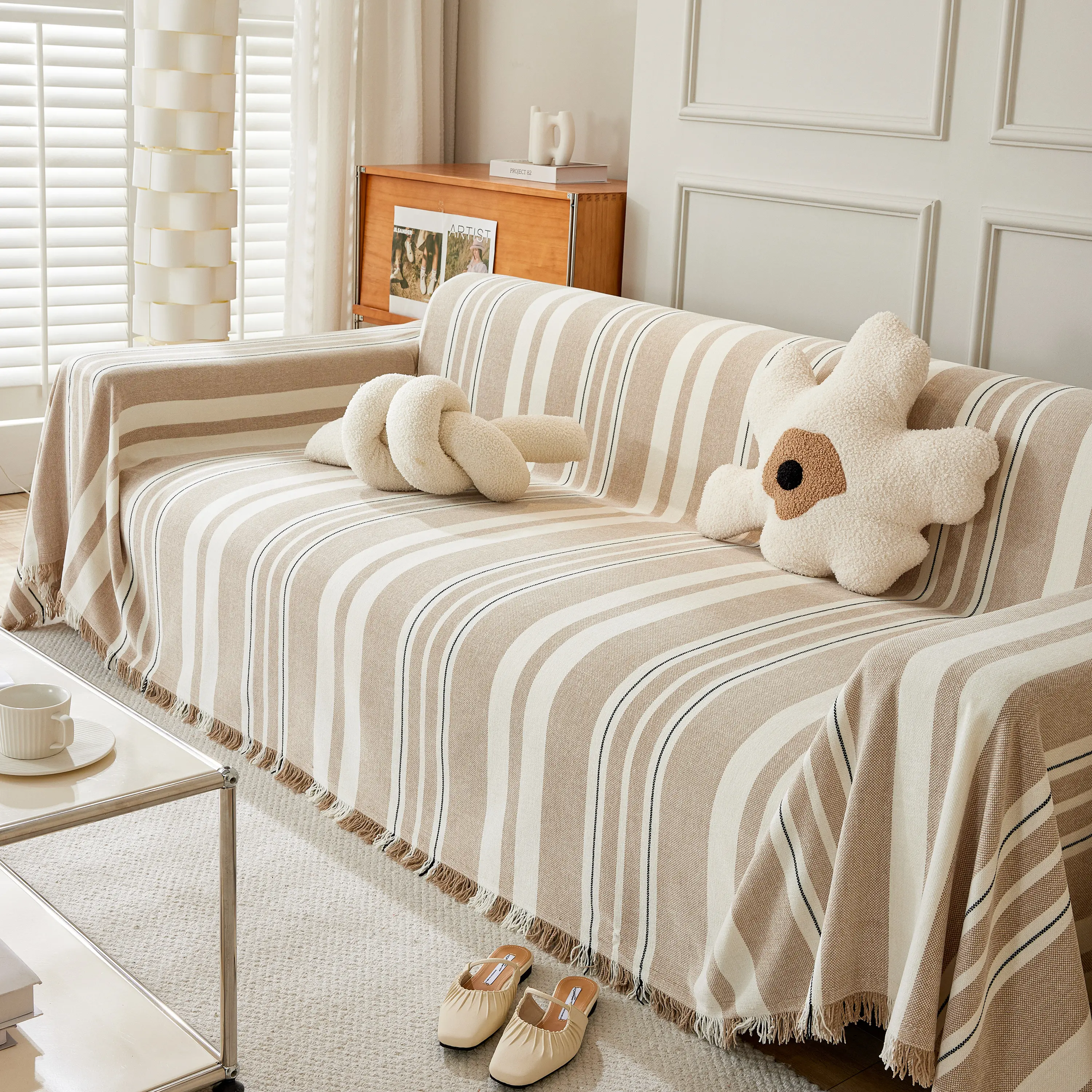 Striped Chenille Sofa Slipcover Throw, Soft Thick Washable Couch Cover Blanket - Image 98