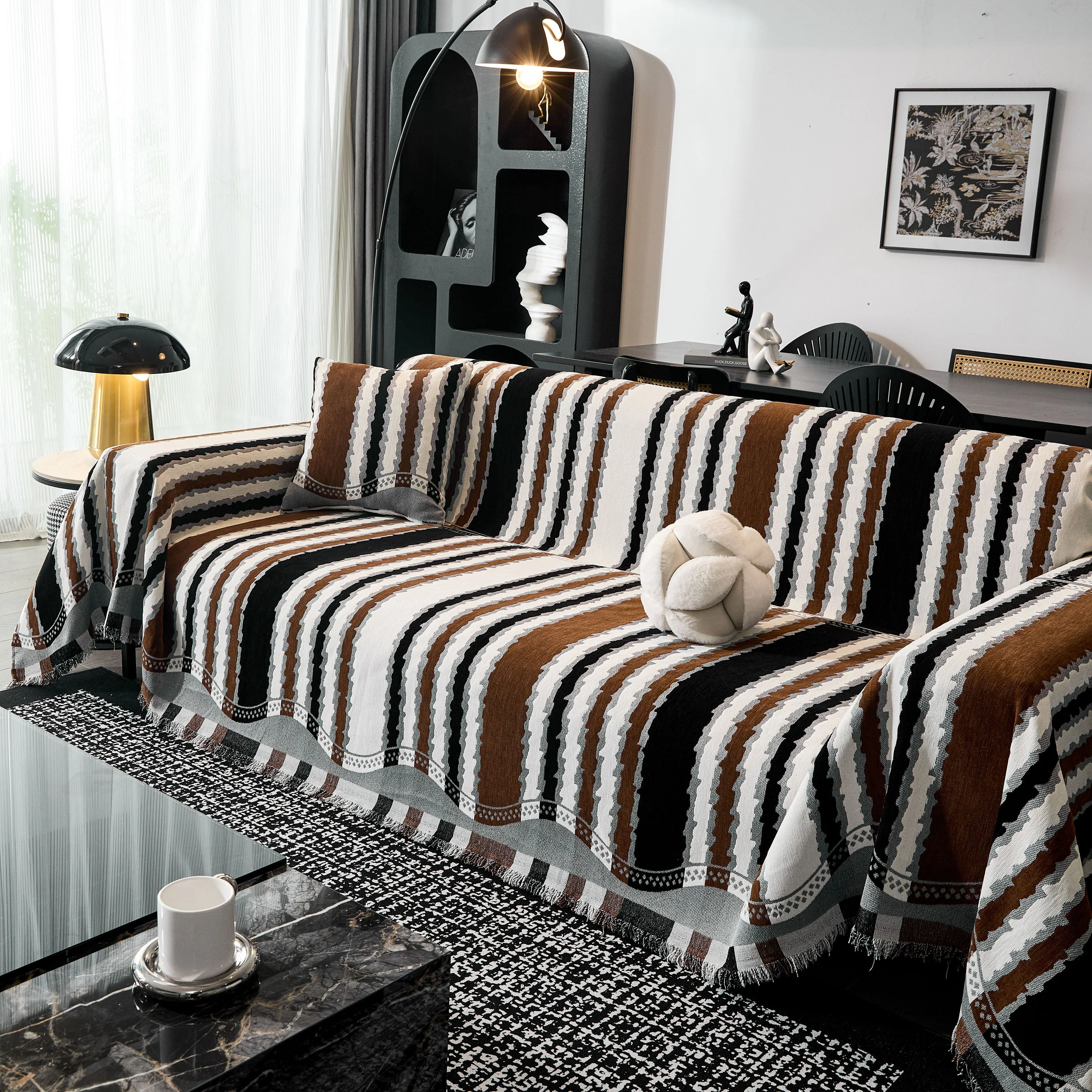 Striped Chenille Sofa Throw Covers, Boho Style Cozy Couch Protector Blanket - Image 15