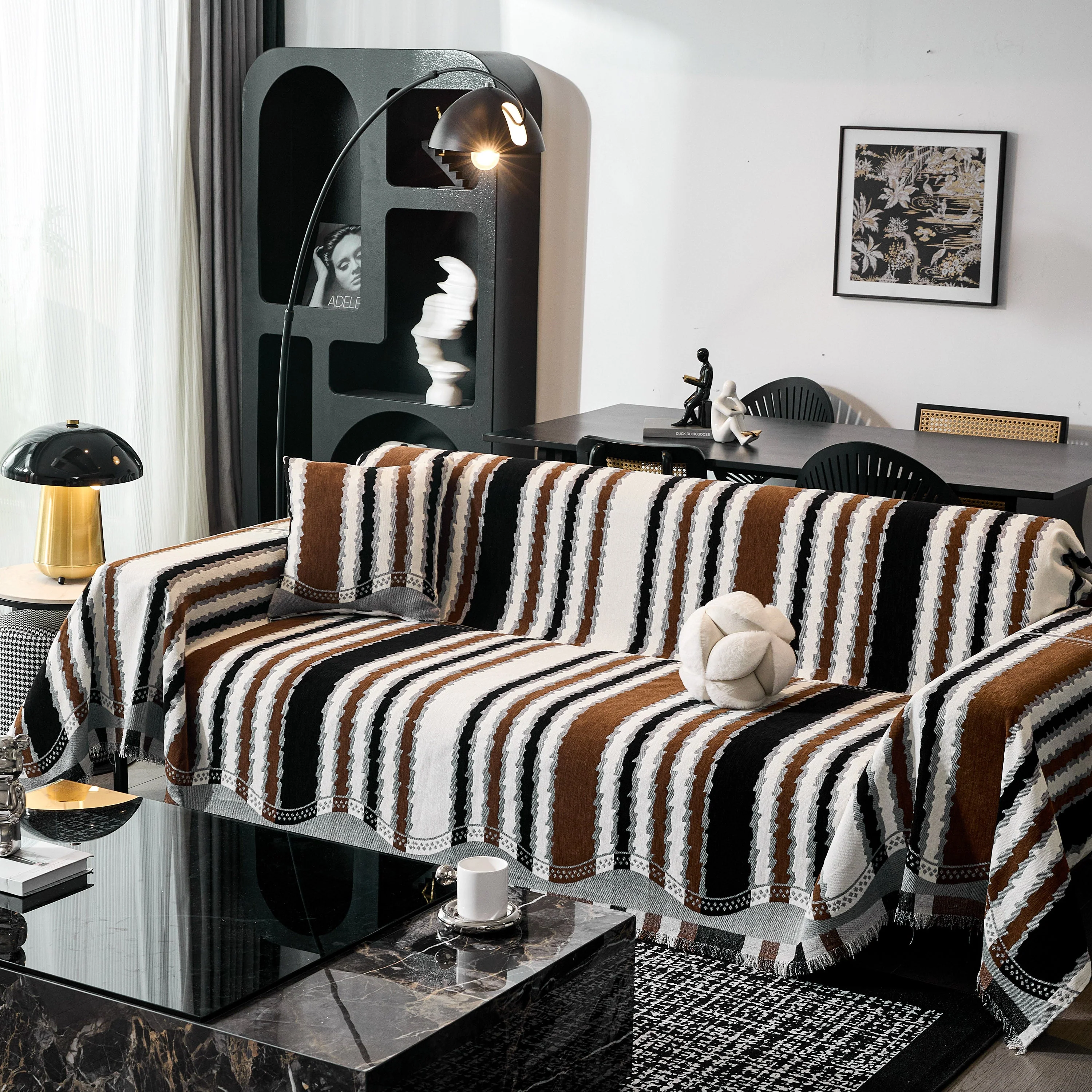 Striped Chenille Sofa Throw Covers, Boho Style Cozy Couch Protector Blanket - Image 29