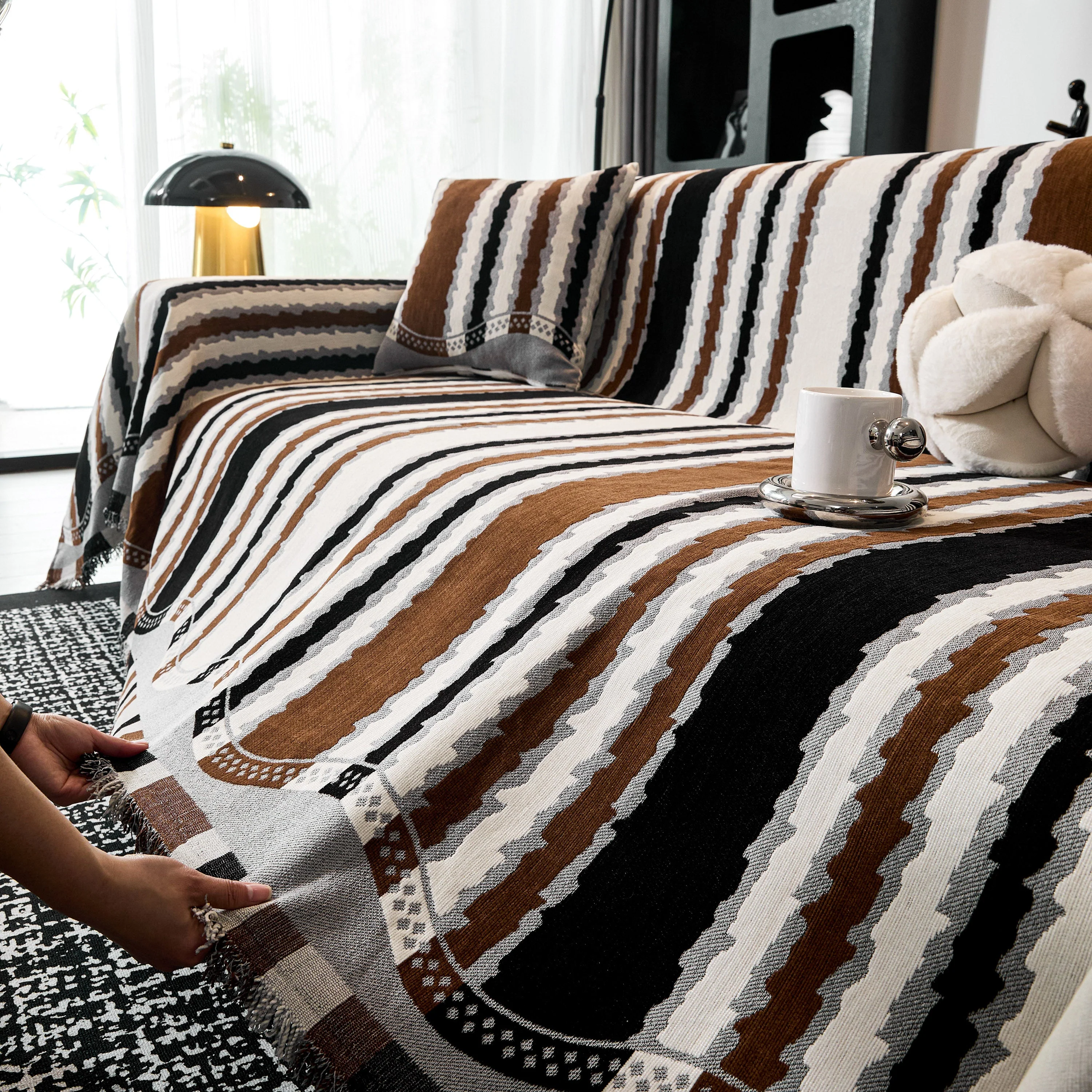 Striped Chenille Sofa Throw Covers, Boho Style Cozy Couch Protector Blanket - Image 32