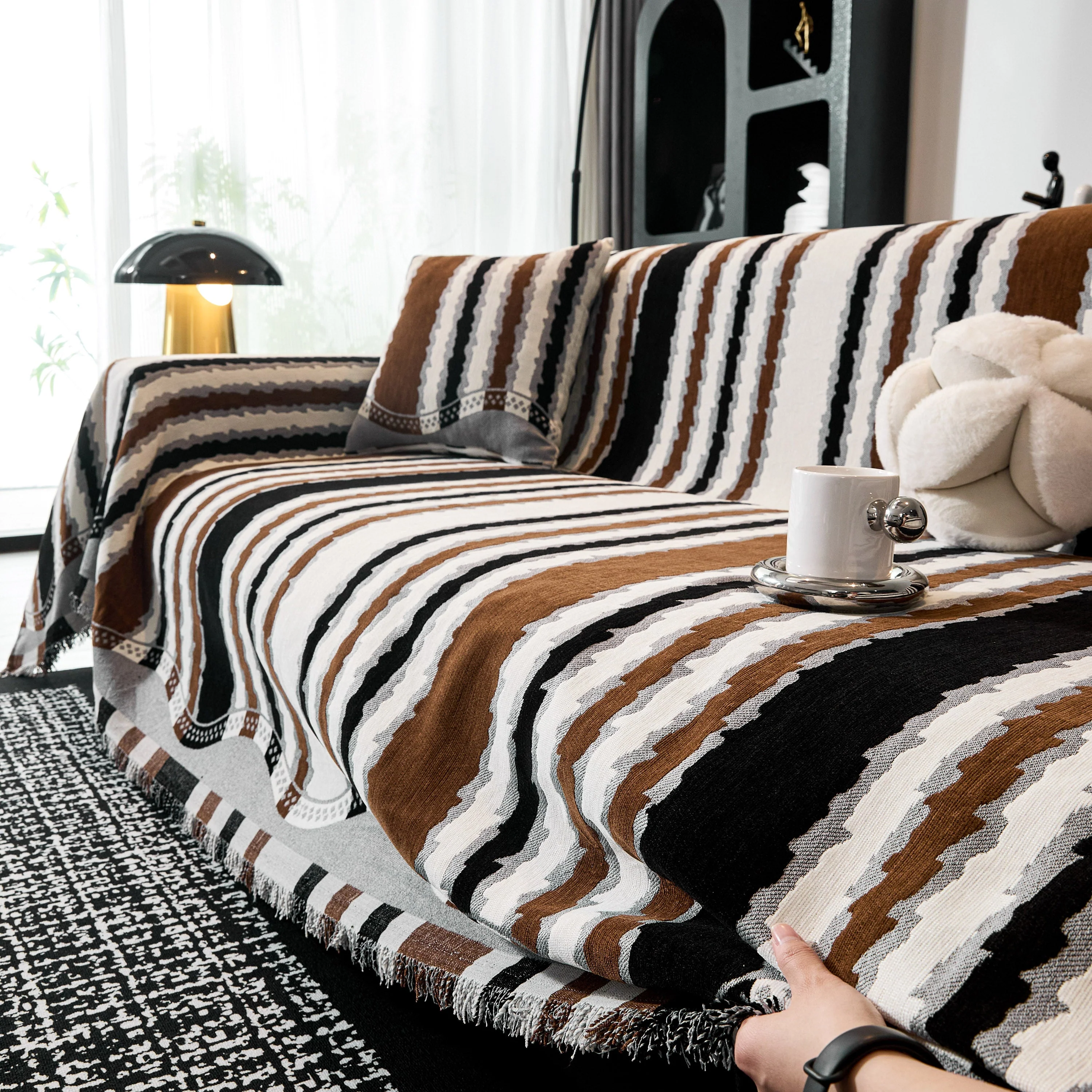Striped Chenille Sofa Throw Covers, Boho Style Cozy Couch Protector Blanket - Image 33