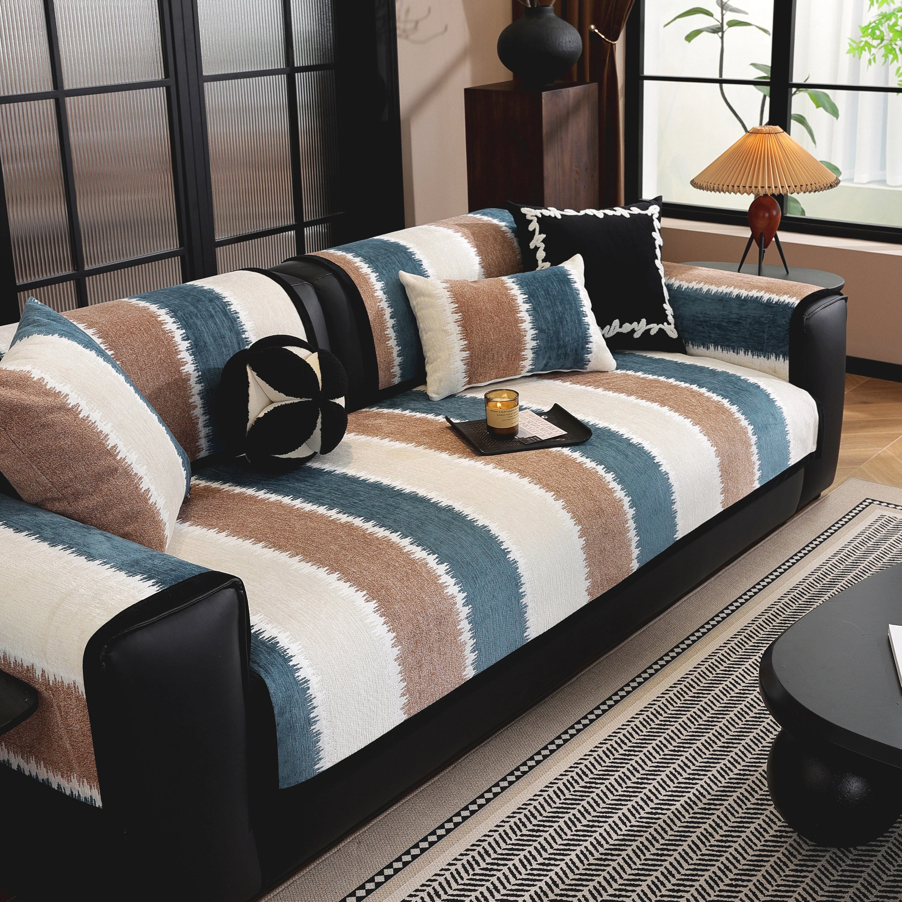 Striped Colorblock Non-Slip Sectional Couch Covers, Chenille Sofa Protector Cover - Image 12