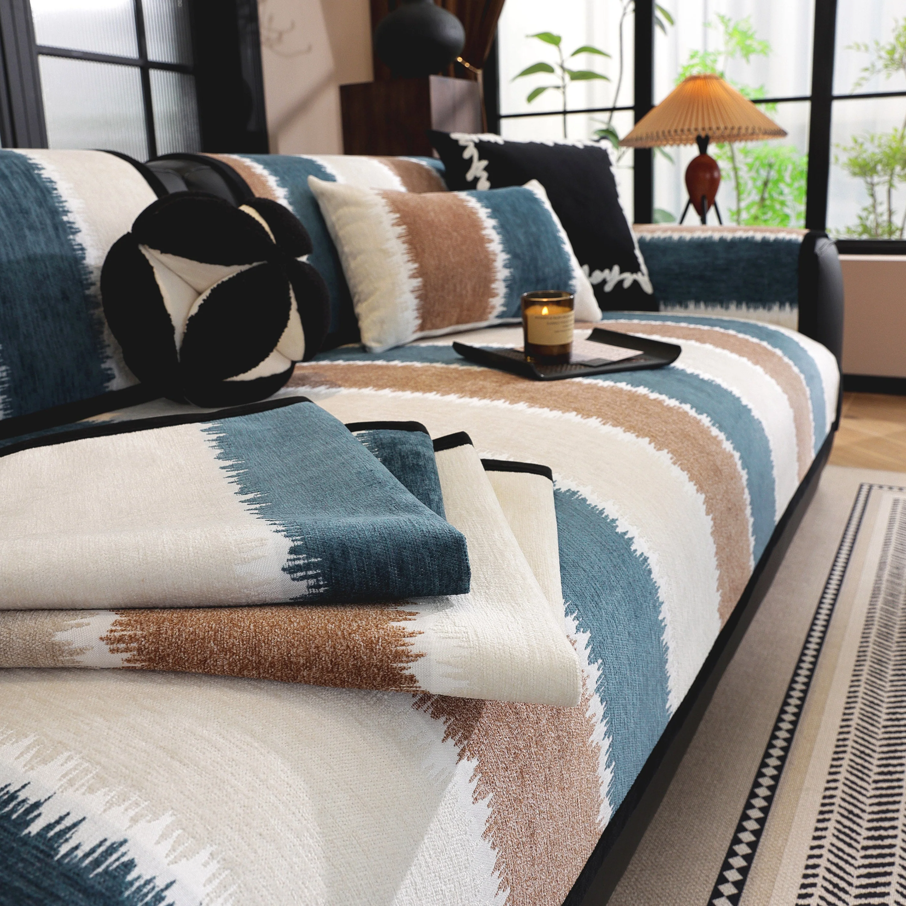 Striped Colorblock Non-Slip Sectional Couch Covers, Chenille Sofa Protector Cover - Image 14