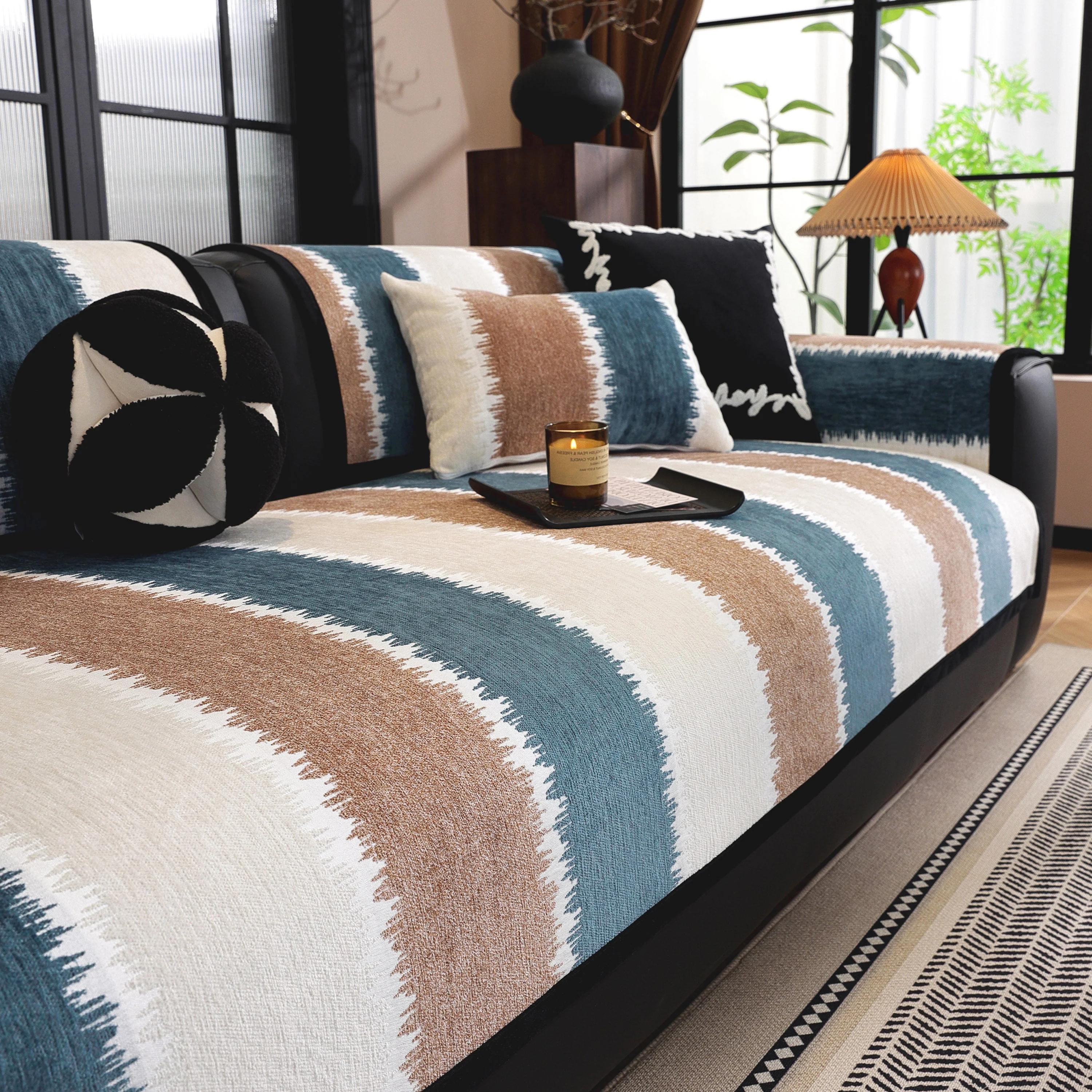 Striped Colorblock Non-Slip Sectional Couch Covers, Chenille Sofa Protector Cover - Image 17