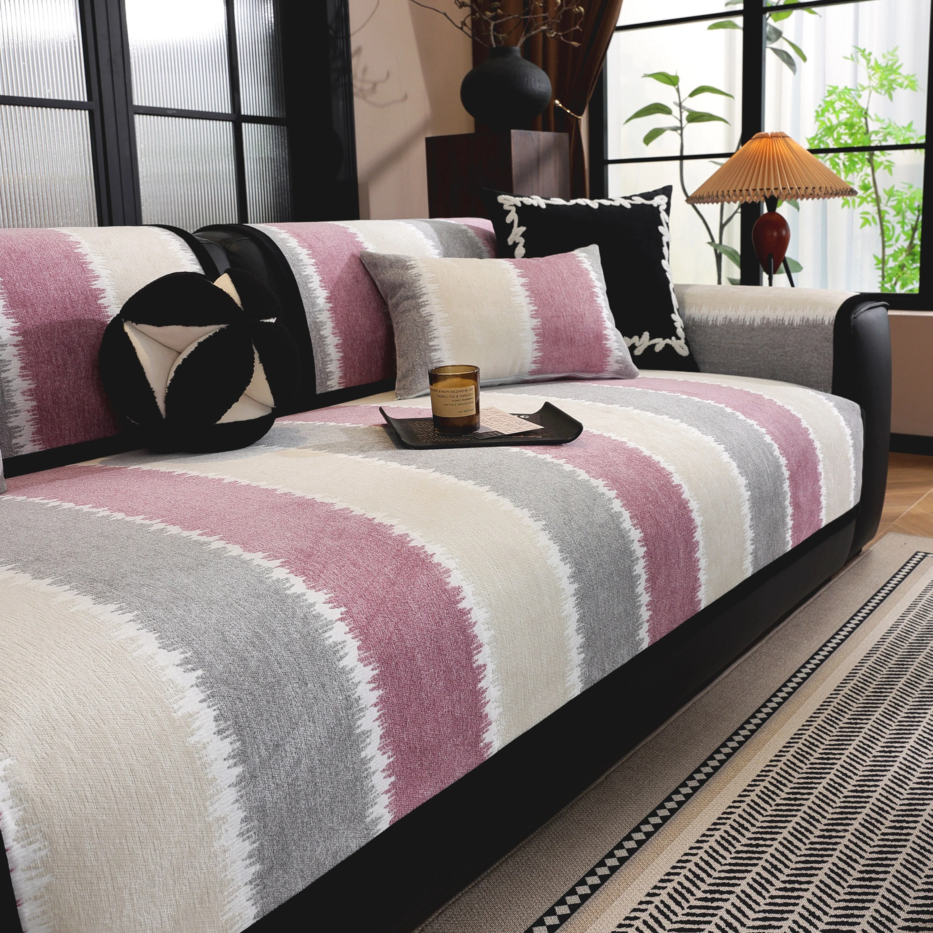 Striped Colorblock Non-Slip Sectional Couch Covers, Chenille Sofa Protector Cover - Image 19