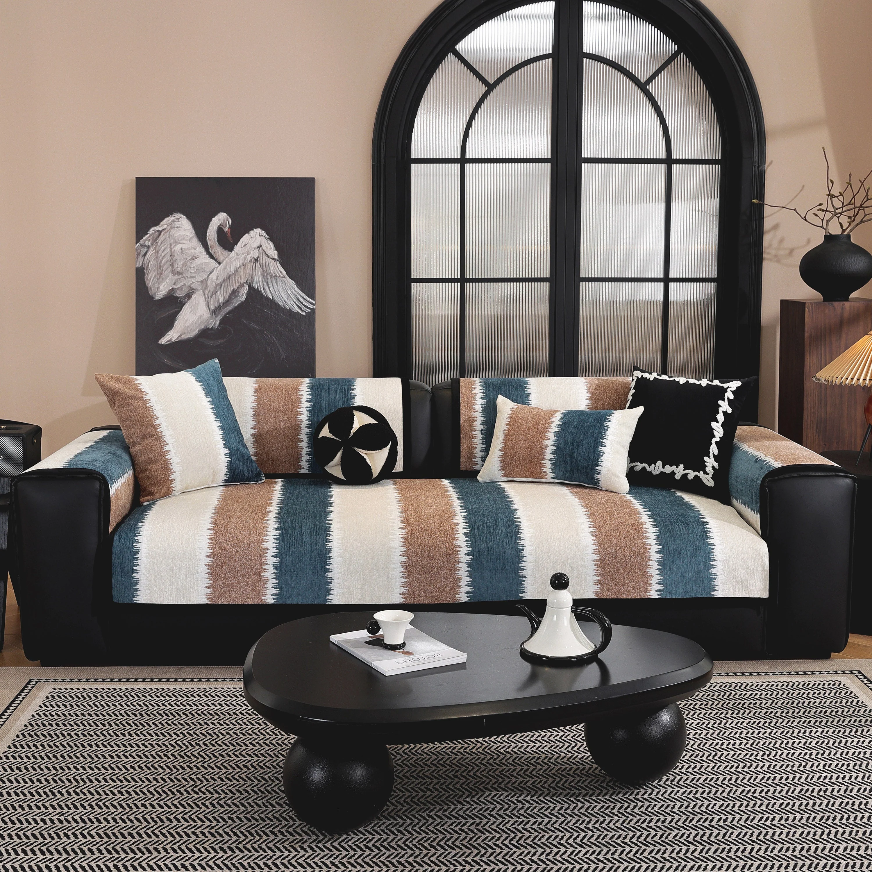 Striped Colorblock Non-Slip Sectional Couch Covers, Chenille Sofa Protector Cover - Image 2
