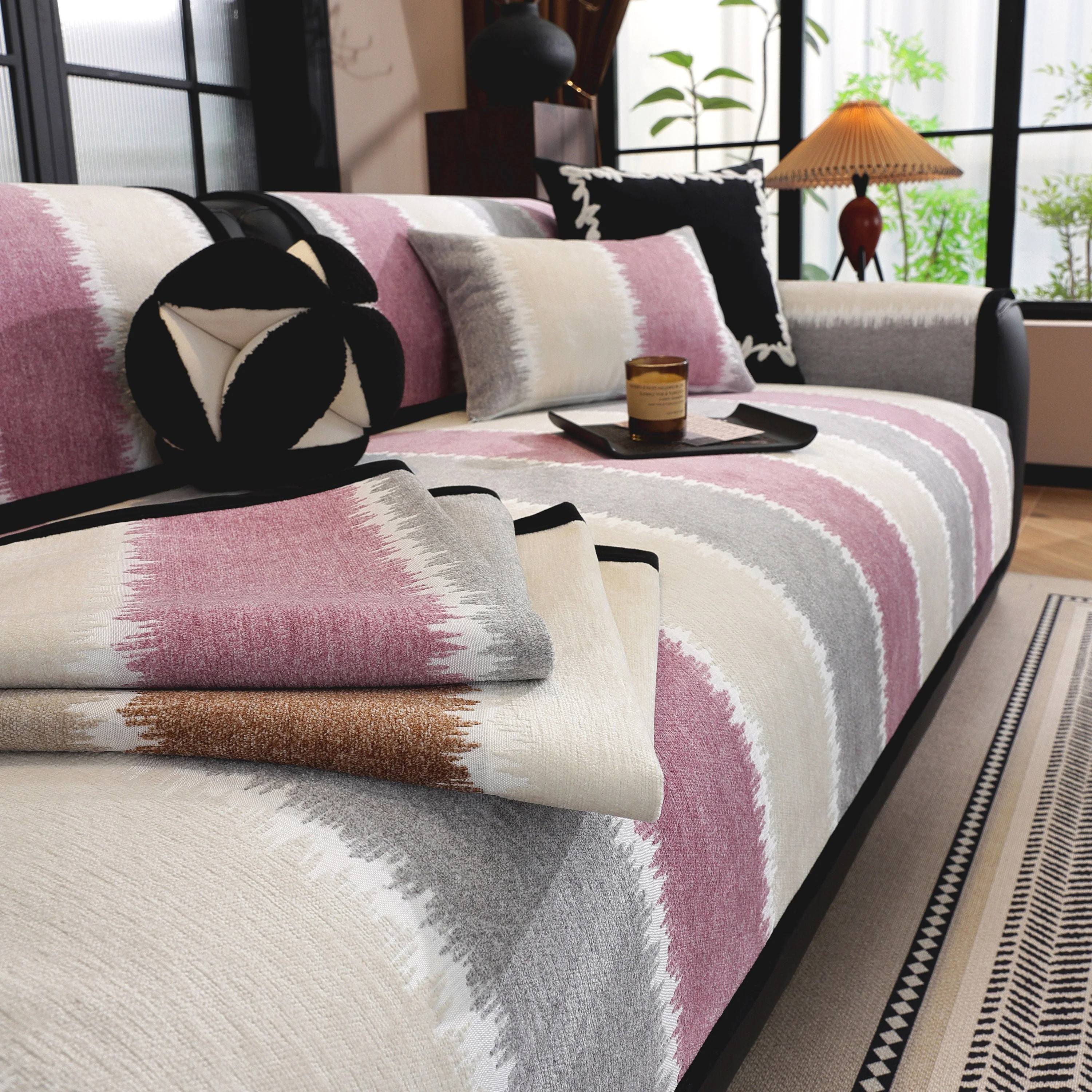 Striped Colorblock Non-Slip Sectional Couch Covers, Chenille Sofa Protector Cover - Image 22