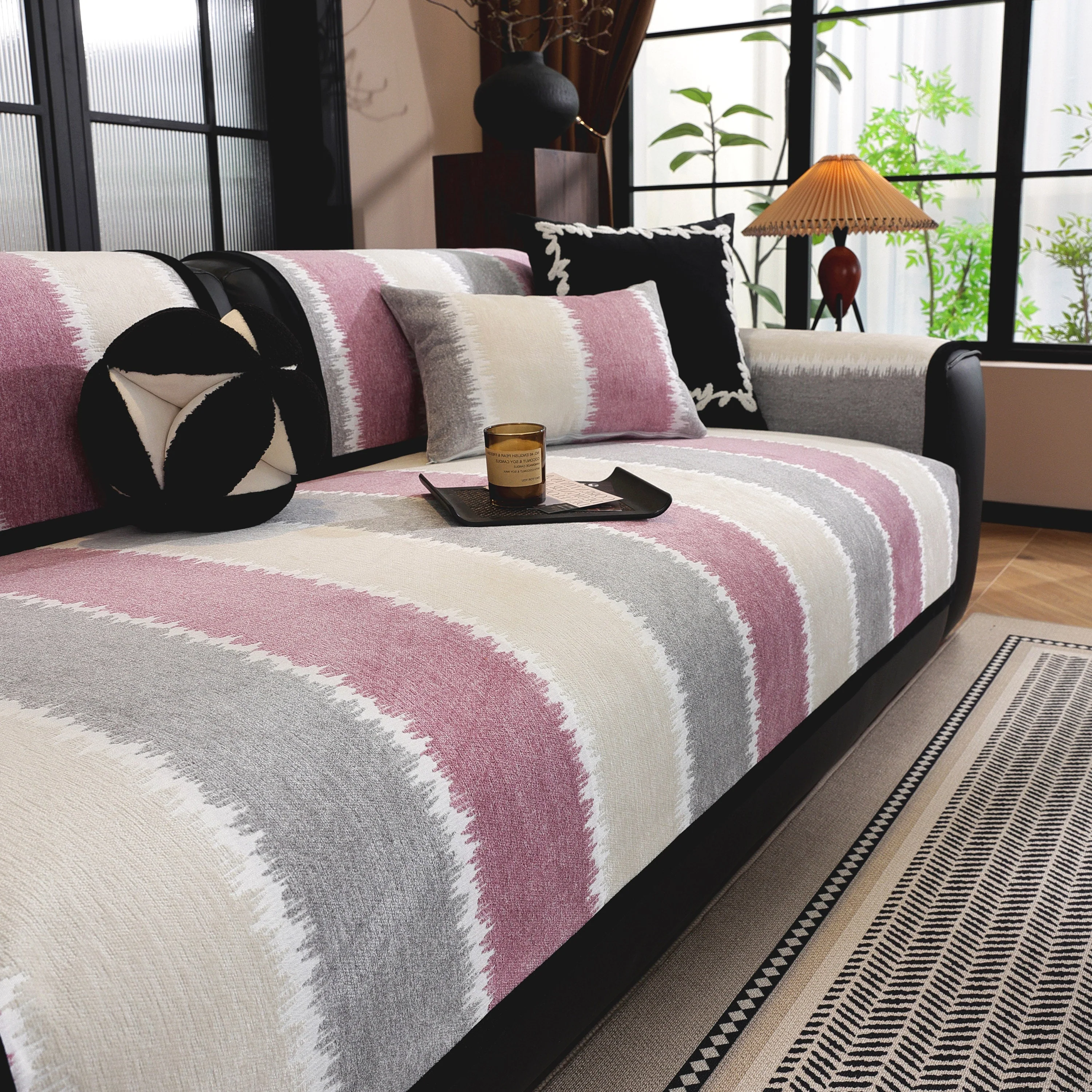Striped Colorblock Non-Slip Sectional Couch Covers, Chenille Sofa Protector Cover - Image 29