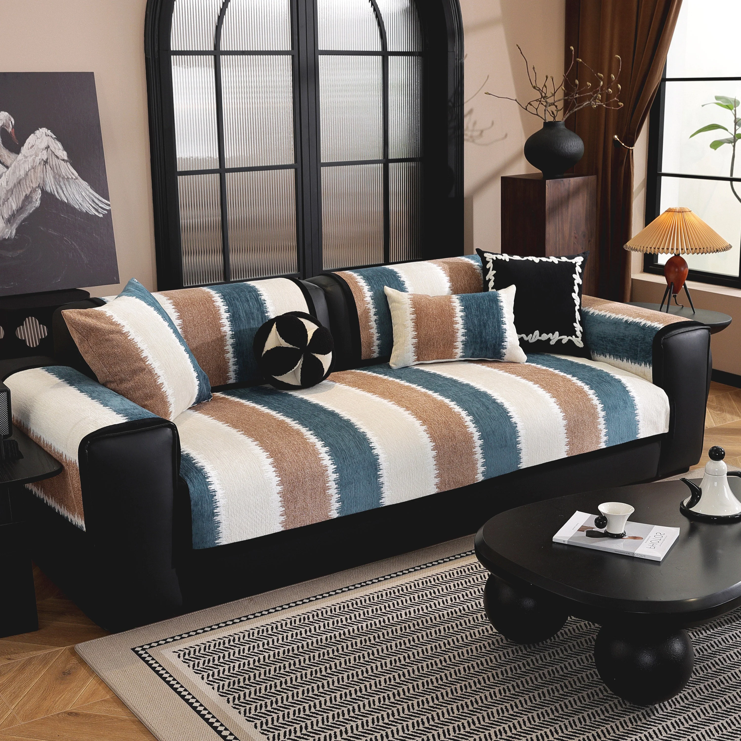 Striped Colorblock Non-Slip Sectional Couch Covers, Chenille Sofa Protector Cover - Image 3