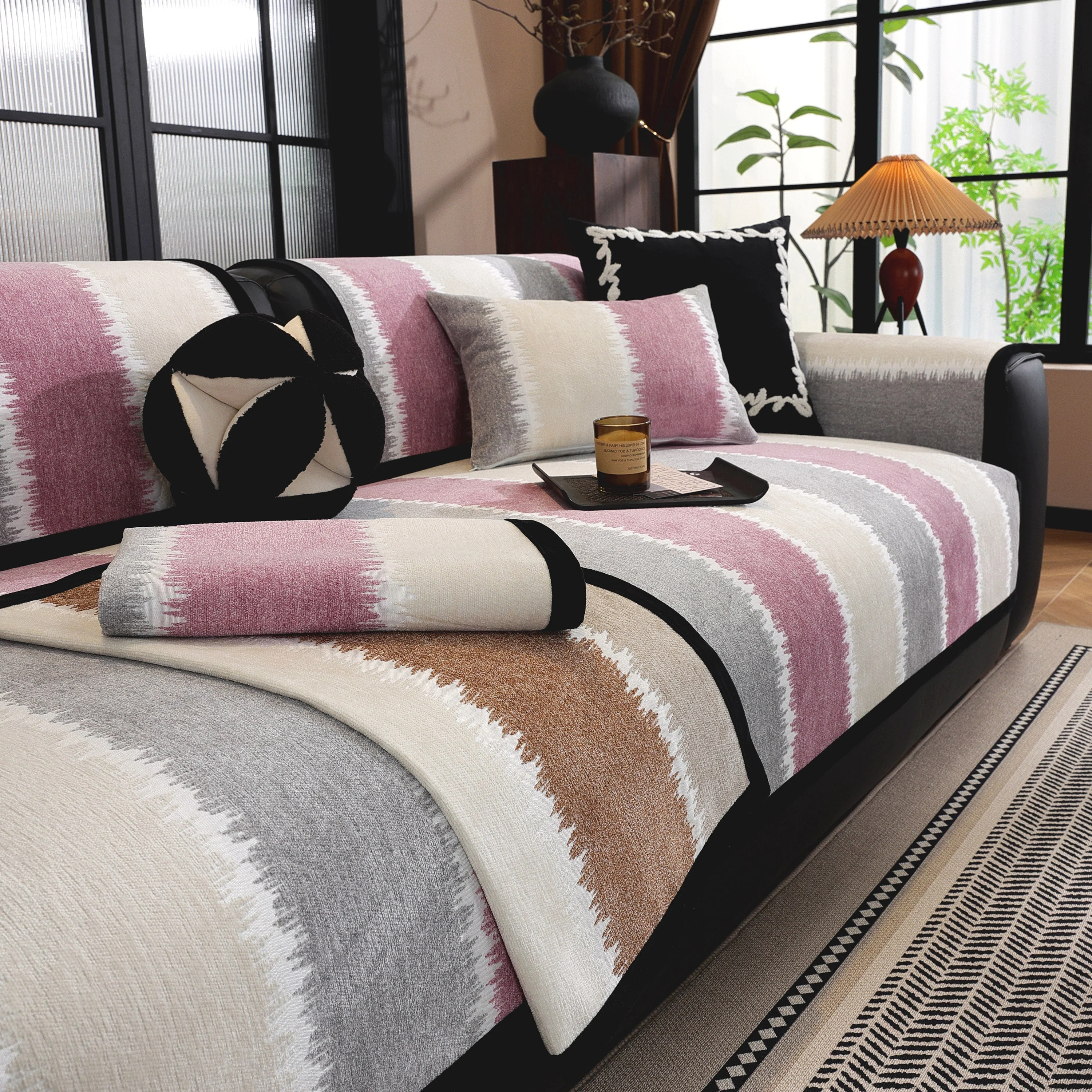 Striped Colorblock Non-Slip Sectional Couch Covers, Chenille Sofa Protector Cover - Image 30