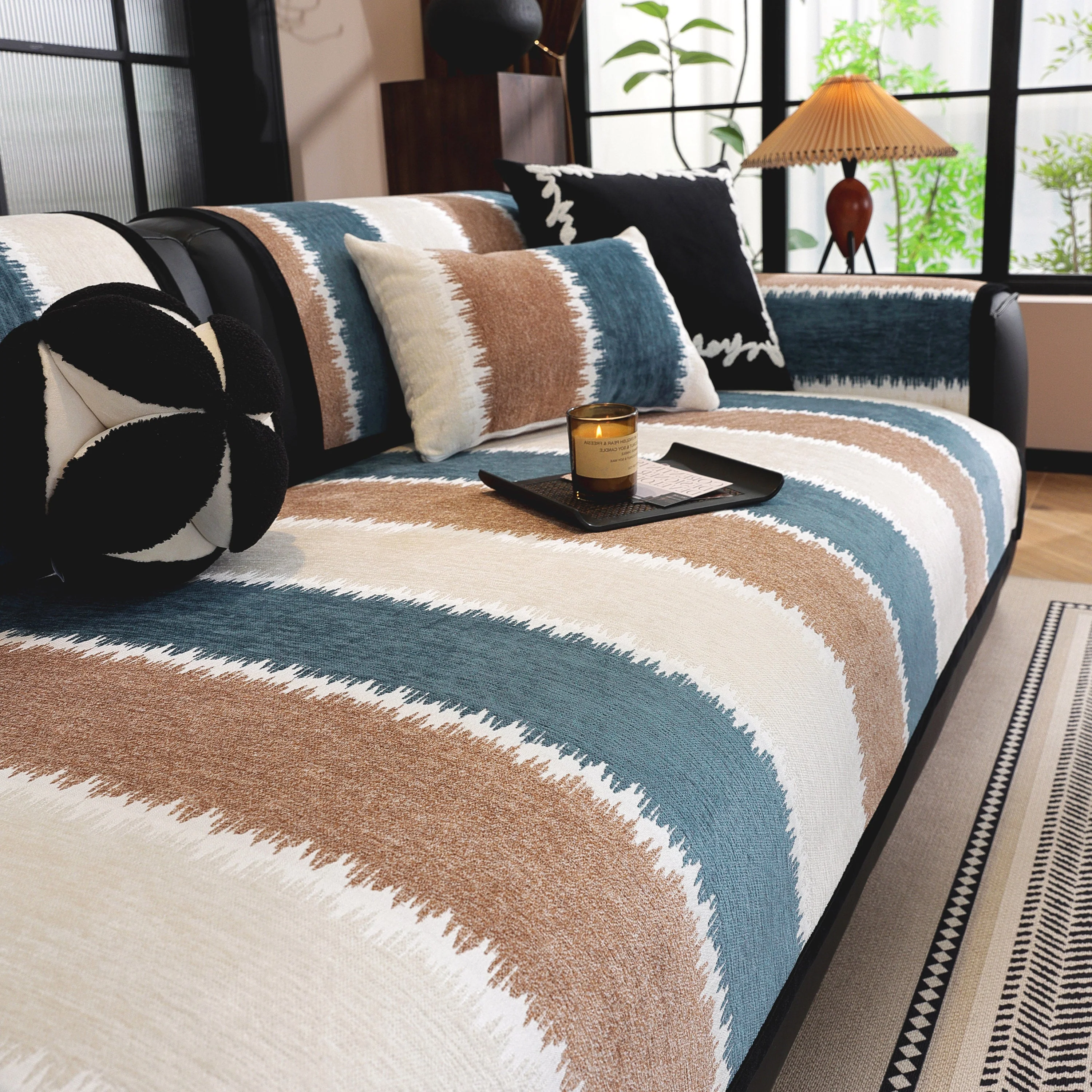 Striped Colorblock Non-Slip Sectional Couch Covers, Chenille Sofa Protector Cover - Image 4