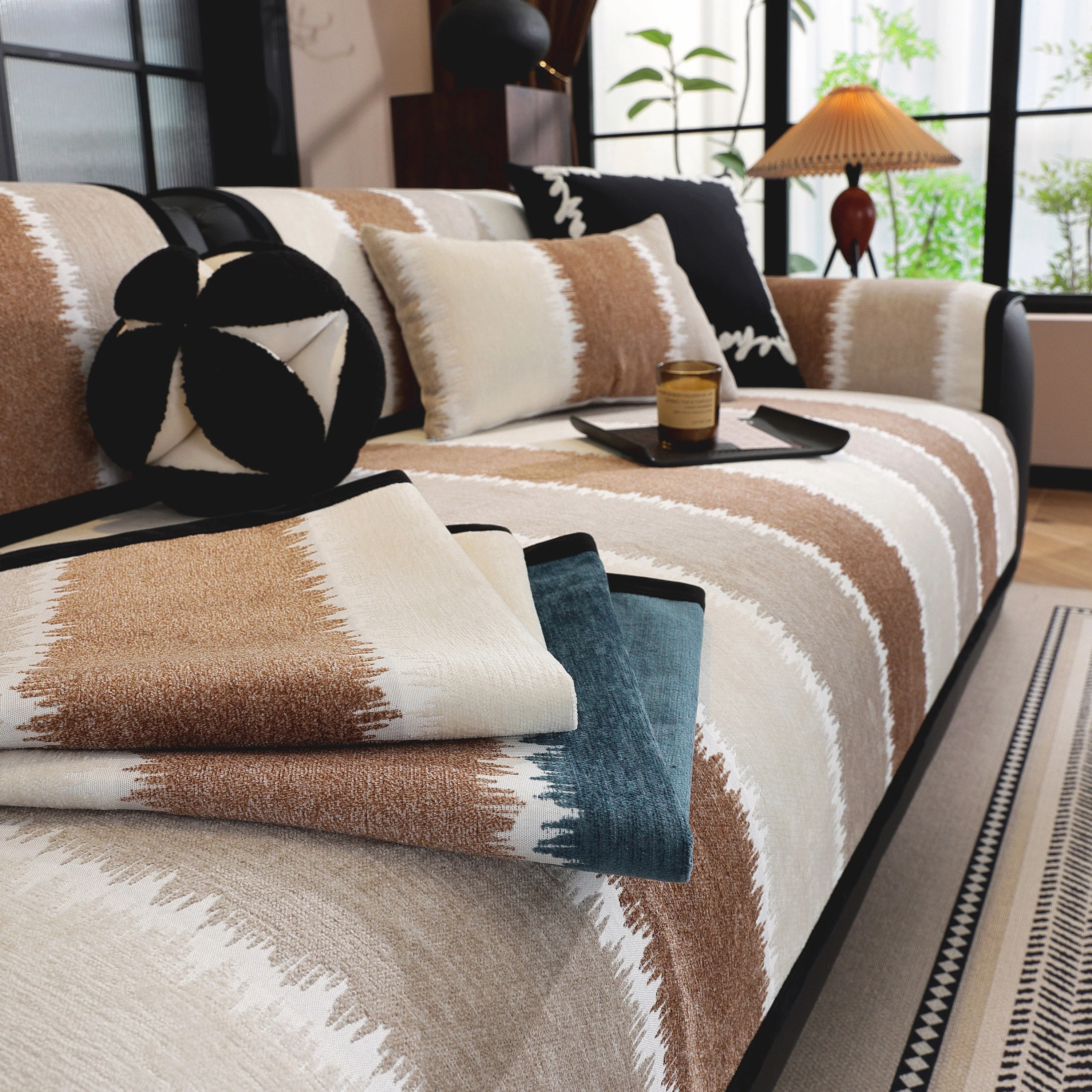 Striped Colorblock Non-Slip Sectional Couch Covers, Chenille Sofa Protector Cover - Image 42