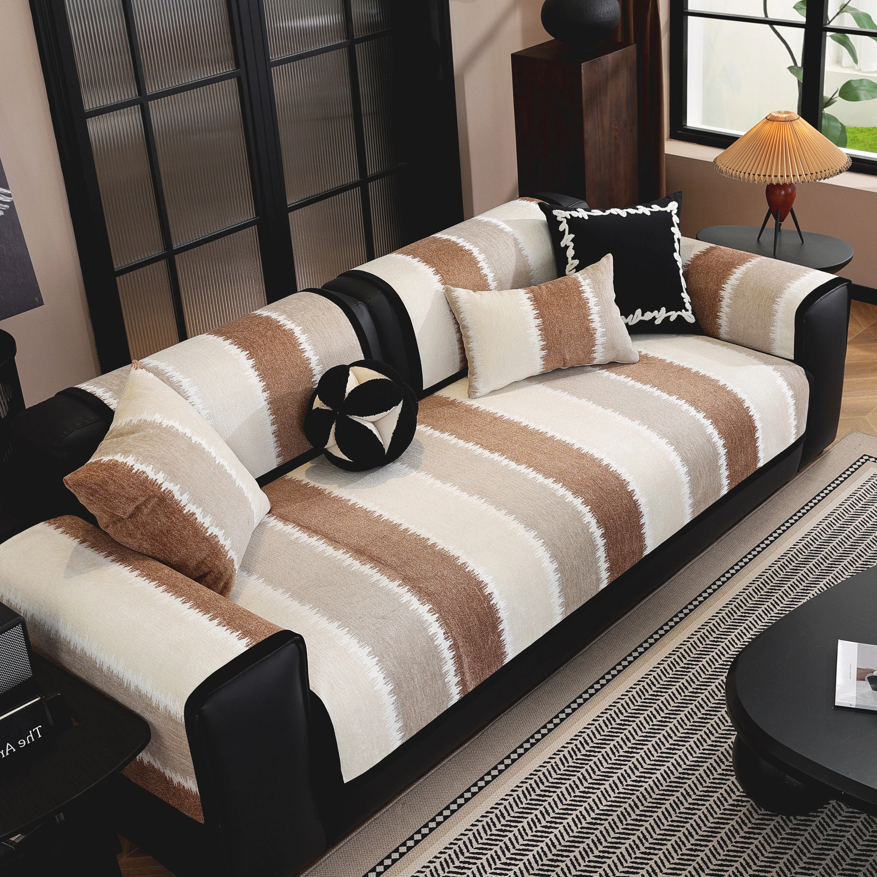 Striped Colorblock Non-Slip Sectional Couch Covers, Chenille Sofa Protector Cover - Image 45