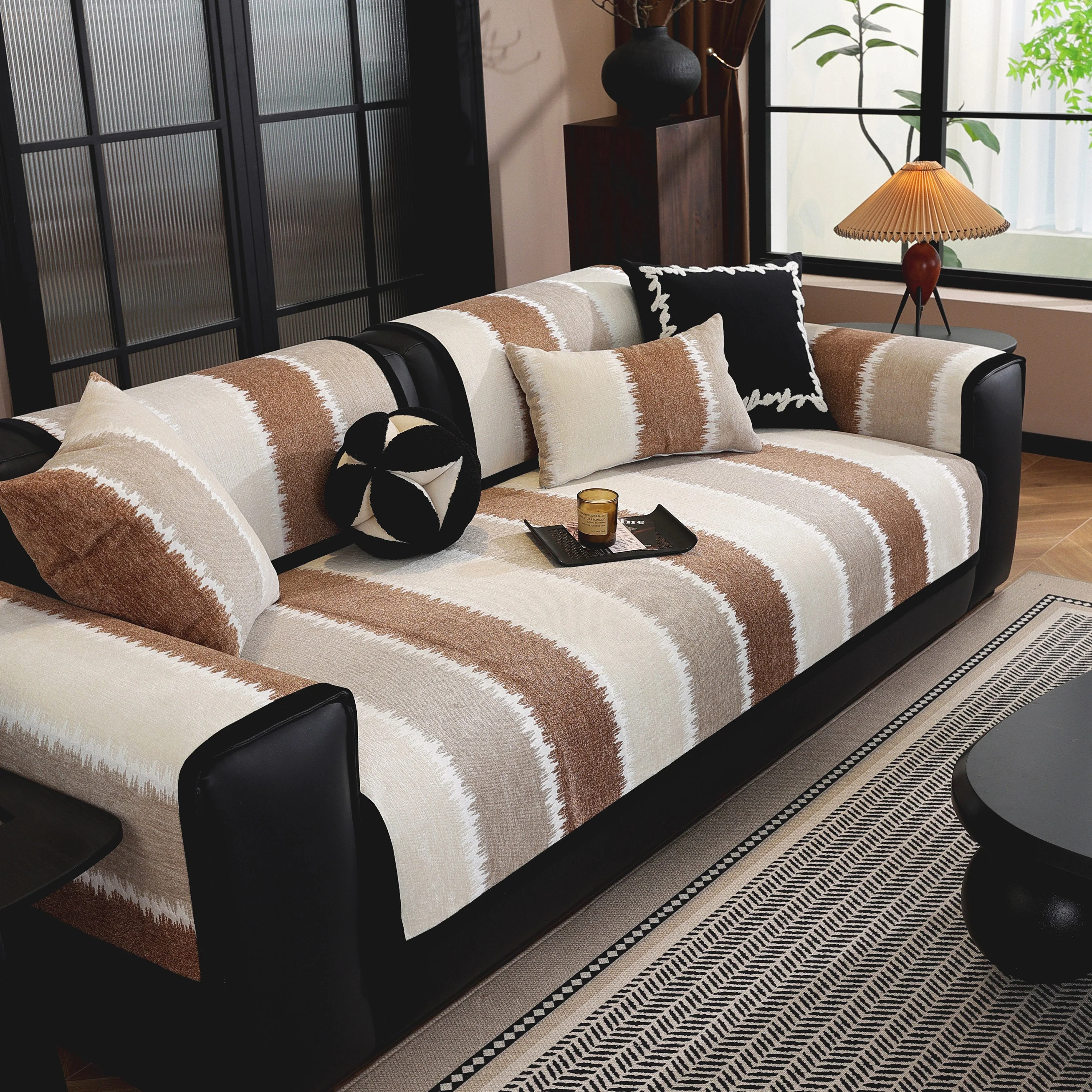 Striped Colorblock Non-Slip Sectional Couch Covers, Chenille Sofa Protector Cover - Image 46