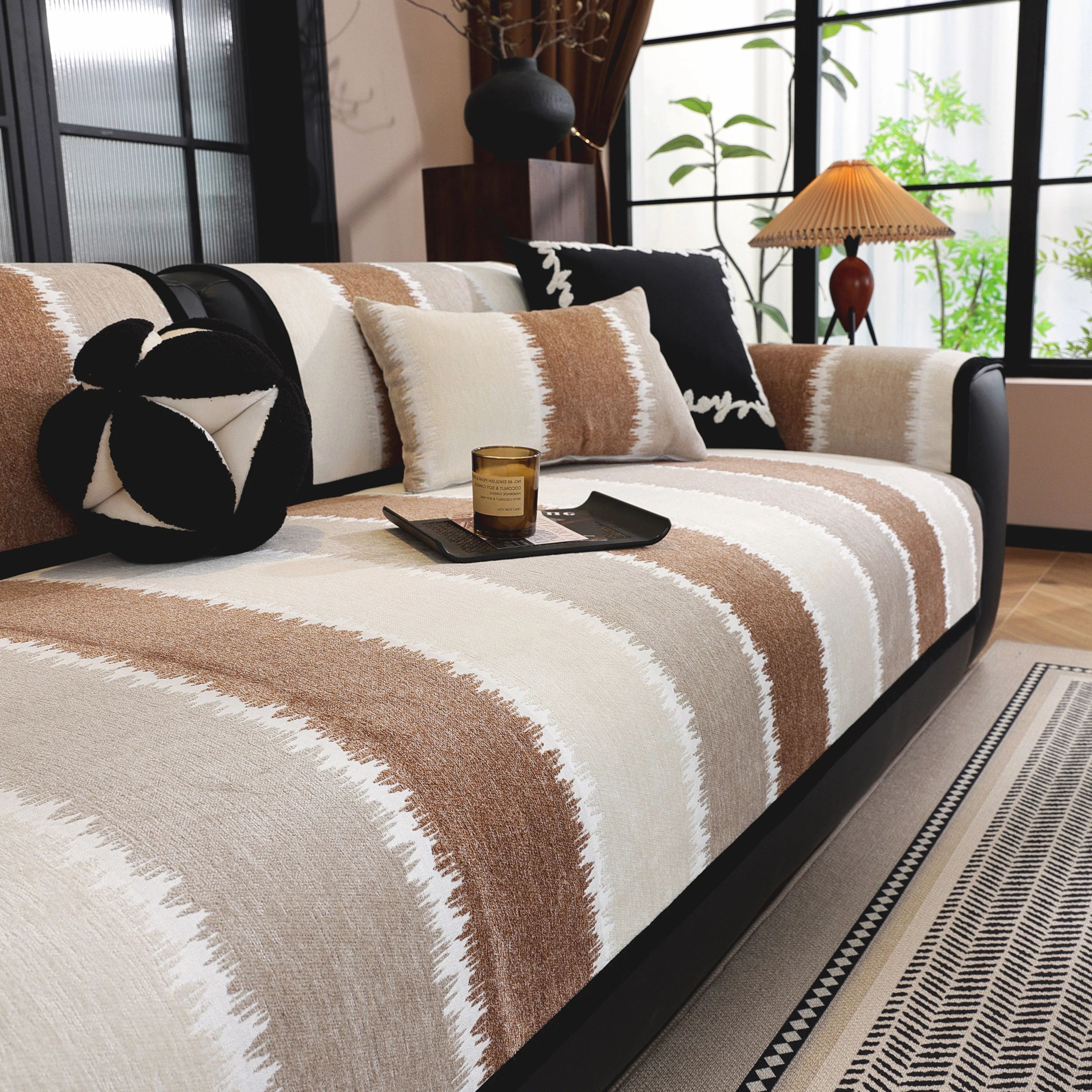 Striped Colorblock Non-Slip Sectional Couch Covers, Chenille Sofa Protector Cover - Image 47