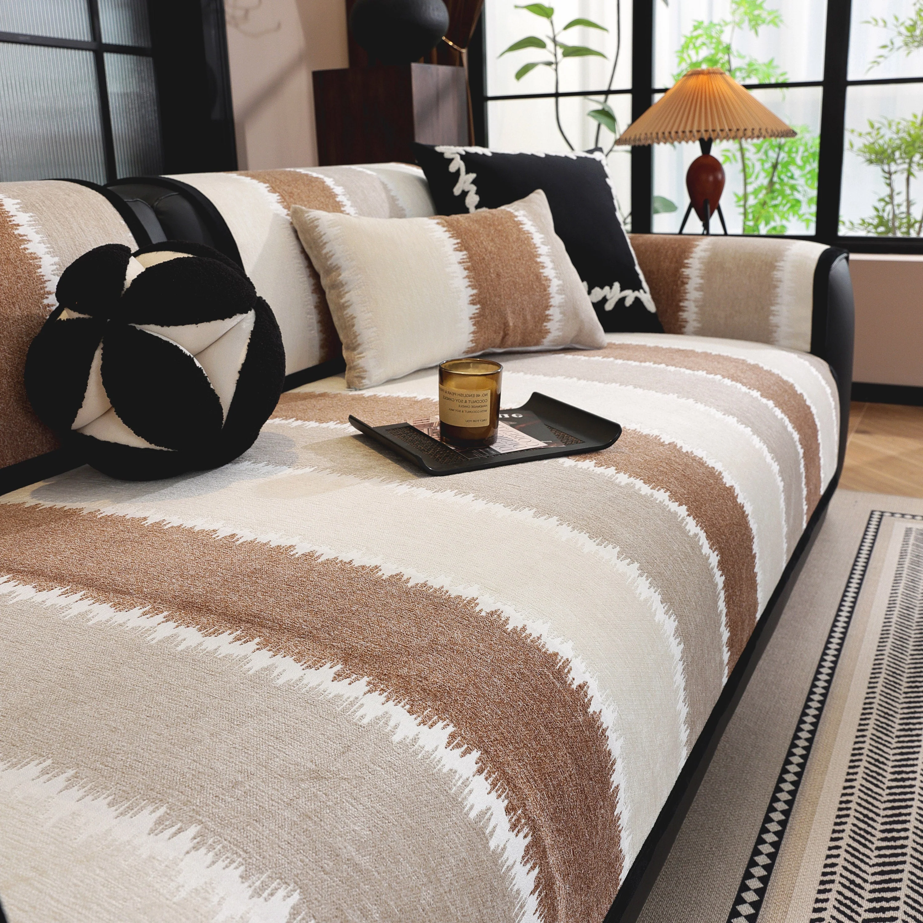 Striped Colorblock Non-Slip Sectional Couch Covers, Chenille Sofa Protector Cover - Image 48