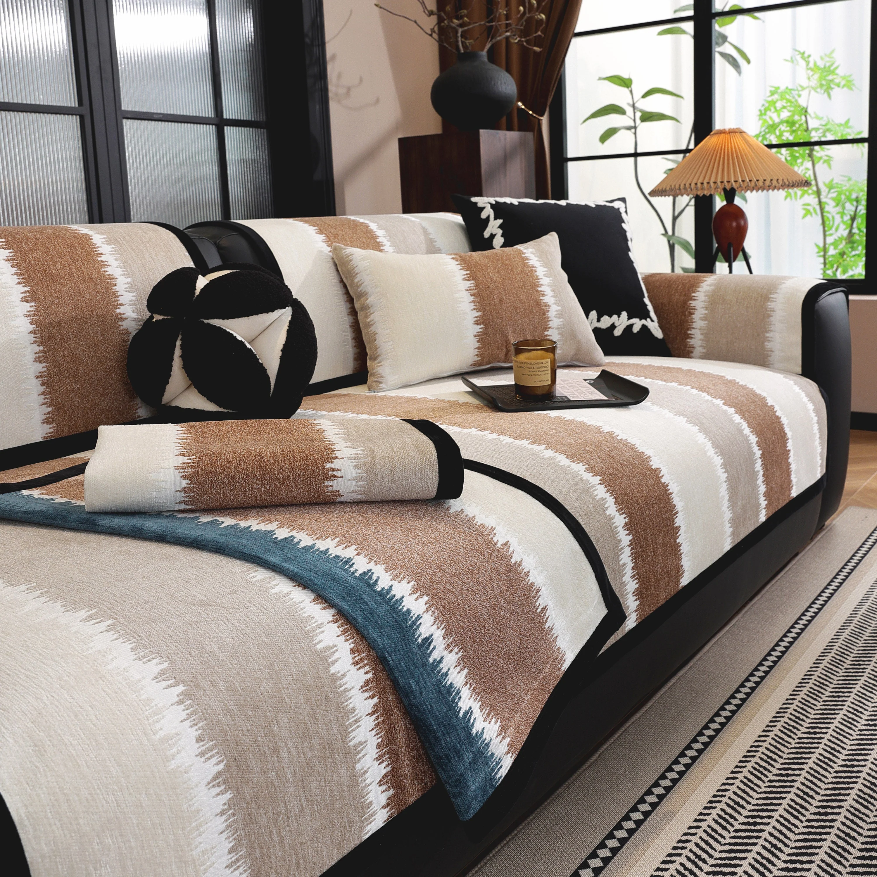 Striped Colorblock Non-Slip Sectional Couch Covers, Chenille Sofa Protector Cover - Image 49