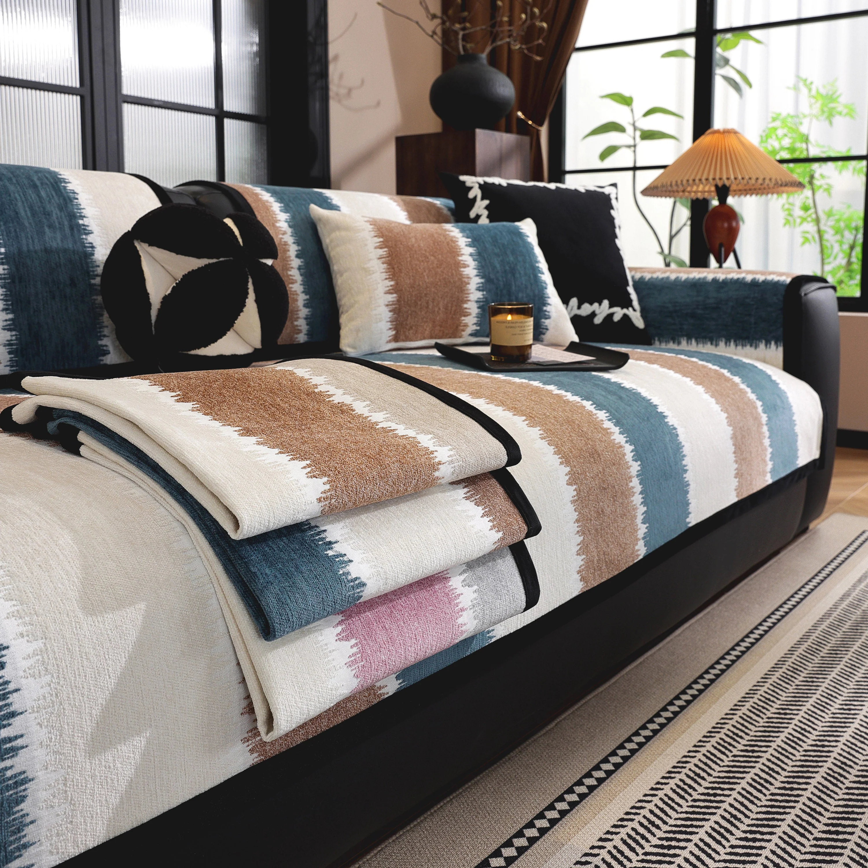 Striped Colorblock Non-Slip Sectional Couch Covers, Chenille Sofa Protector Cover - Image 5