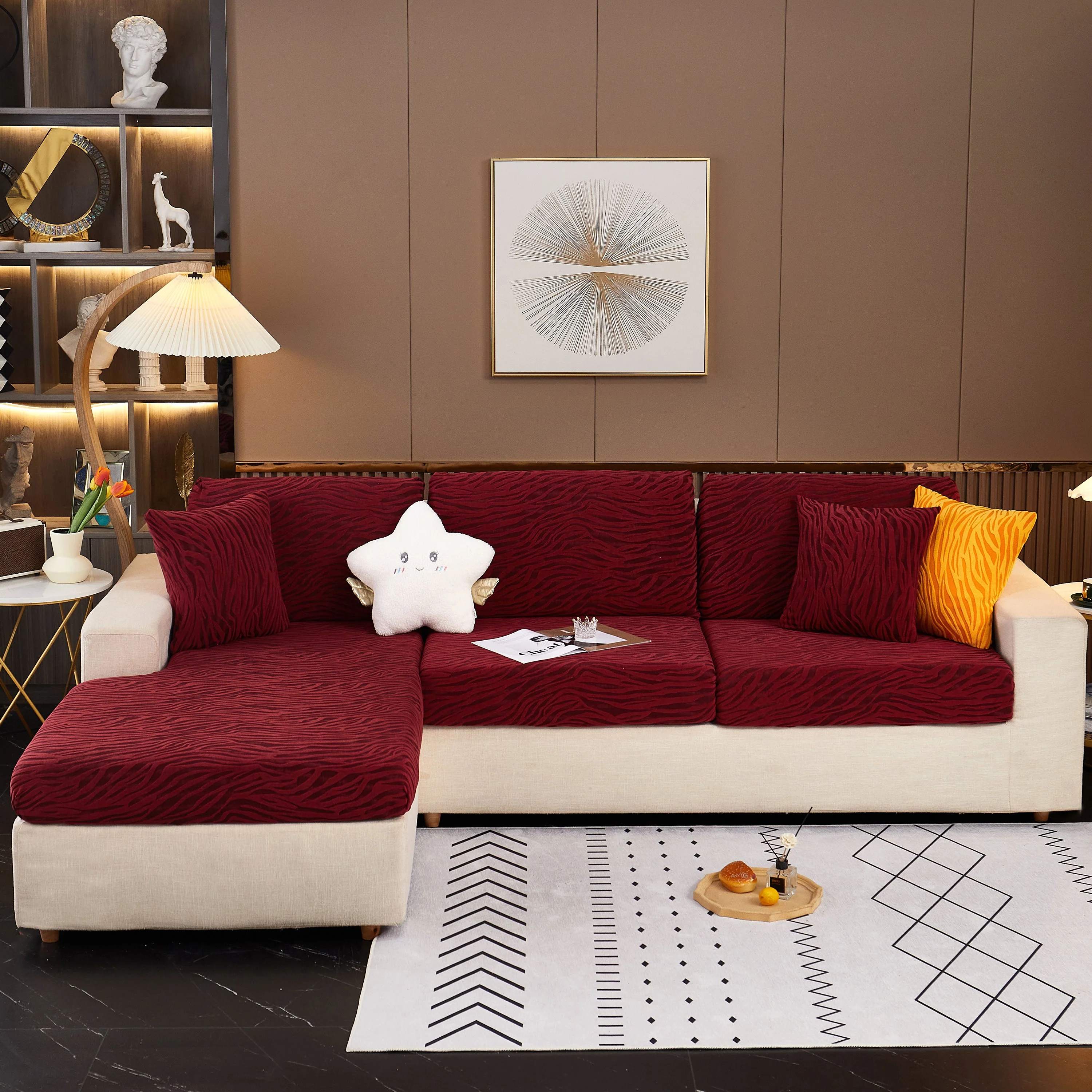Striped Jacquard Fleece Furniture Covers Stretchable Non-Slip Cushion Covers for L-Shaped Couch, Pets - Image 10